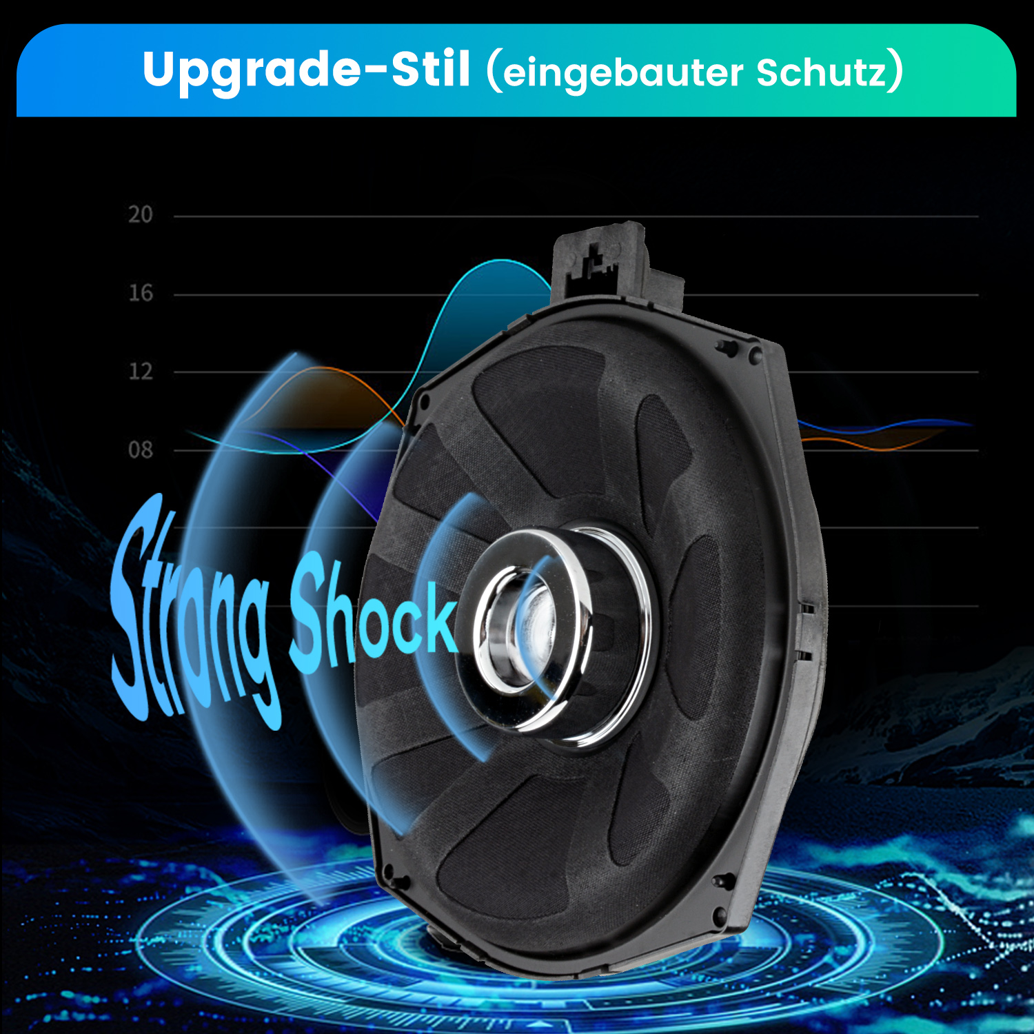 Schwarzer Subwoofer mit blau-weißem Grafik-Overlay, das die Details des Lautsprechers zeigt.