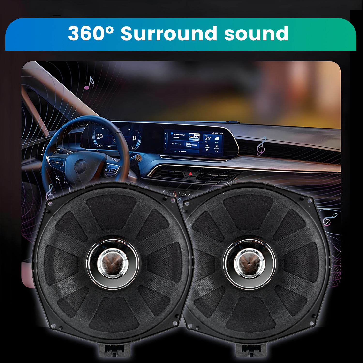 Due subwoofer per auto sono mostrati con un interno auto sullo sfondo, con note e simboli musicali intorno.