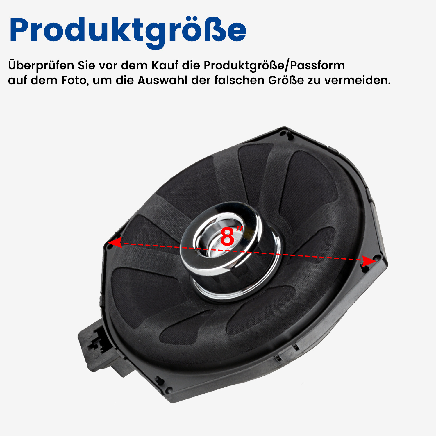 Nahaufnahme eines schwarzen Subwoofers, der die Lautsprechermembran zeigt, mit der Größe 8 markiert.