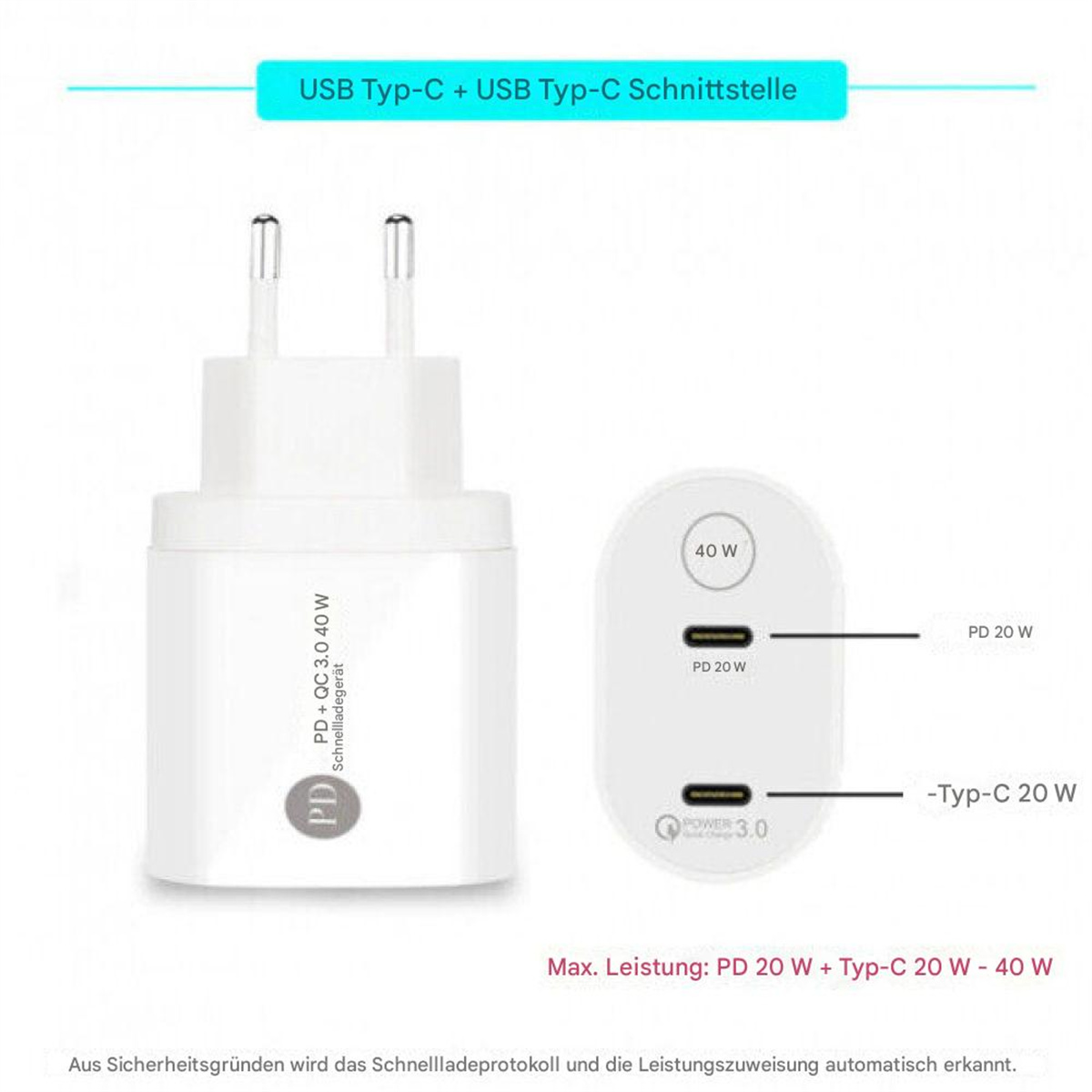 Weißes Ladegerät mit zwei Anschlüssen und einem Stecker. Text und Symbole auf dem Gerät.