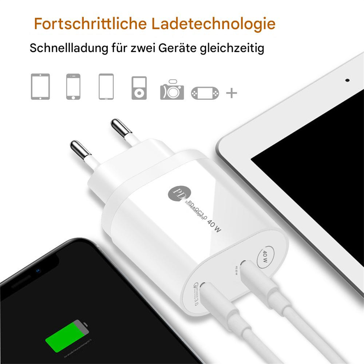 Ein weißes Ladegerät mit zwei Ladekabeln ist mit einem Telefon und einem Tablet verbunden und zeigt eine Ladeanzeige.