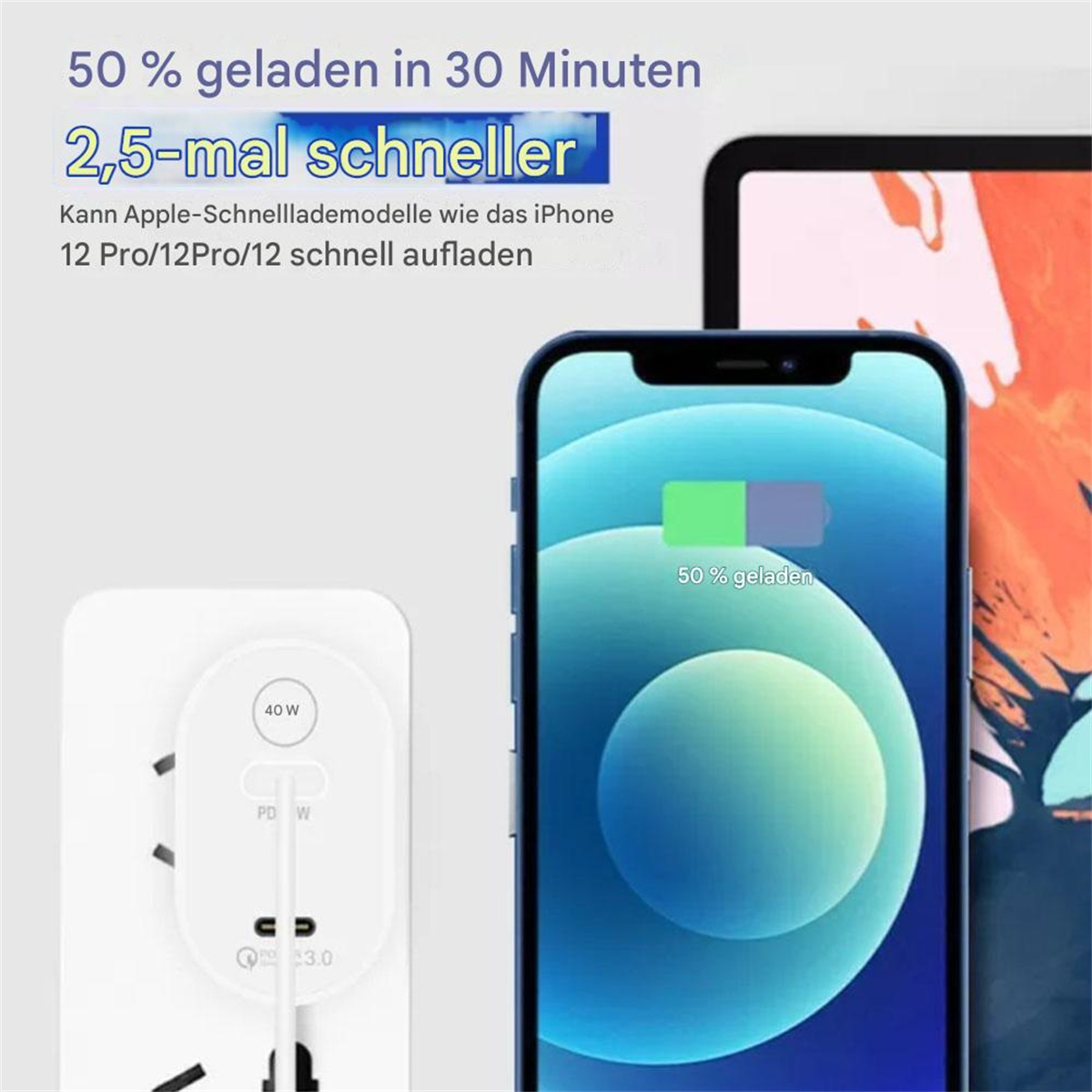 Weißes Wandladegerät mit zwei Anschlüssen und ein Telefon im Hintergrund, das geladen wird.