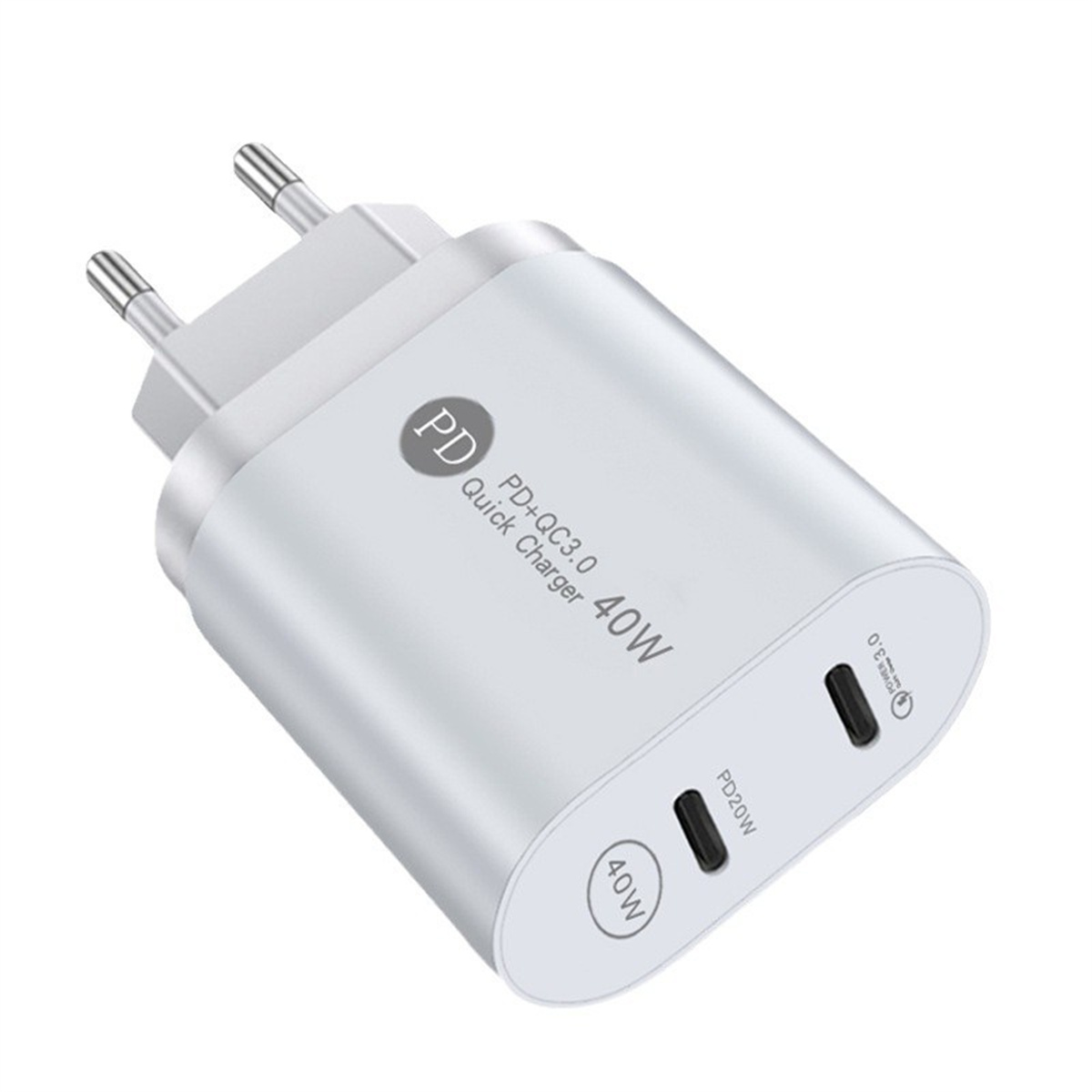 Weißes 40-W-Ladegerät. Es hat zwei Anschlüsse und einen Stecker. Auf dem Ladegerät steht PD+QC3.0.
