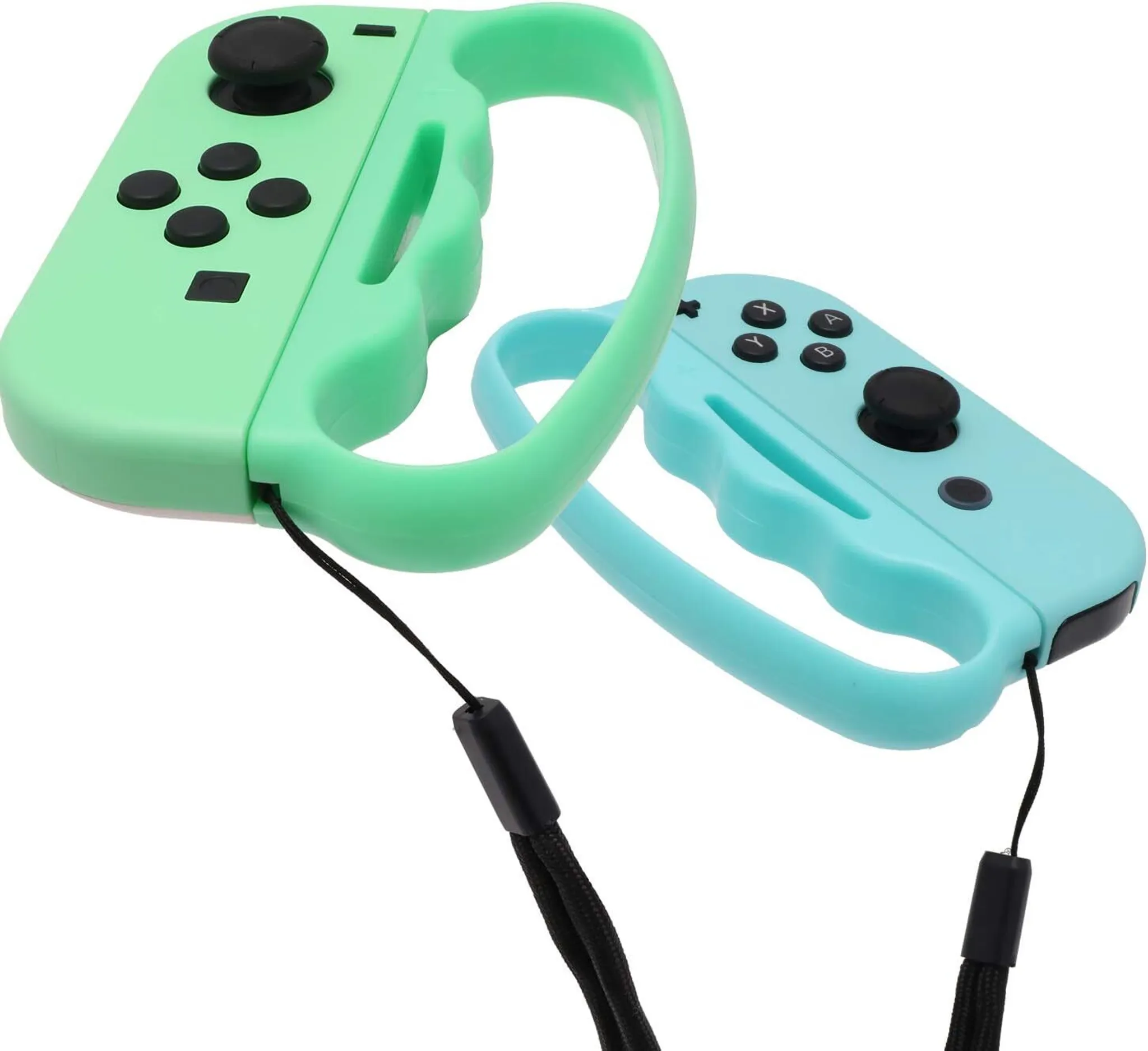 Zwei farbige Joy-Con-Controller für eine Spielkonsole mit Handschlaufen.