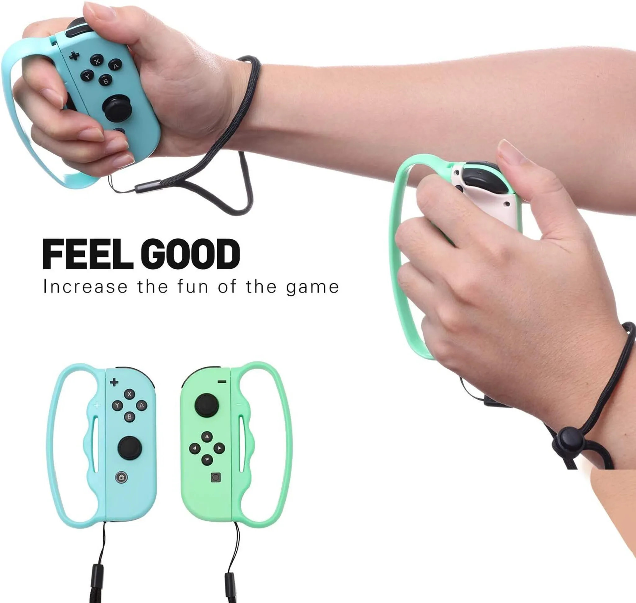Hände halten Controller mit Griffen. Text: Fühle dich gut, erhöhe den Spaß am Spiel. Controller im Blick.