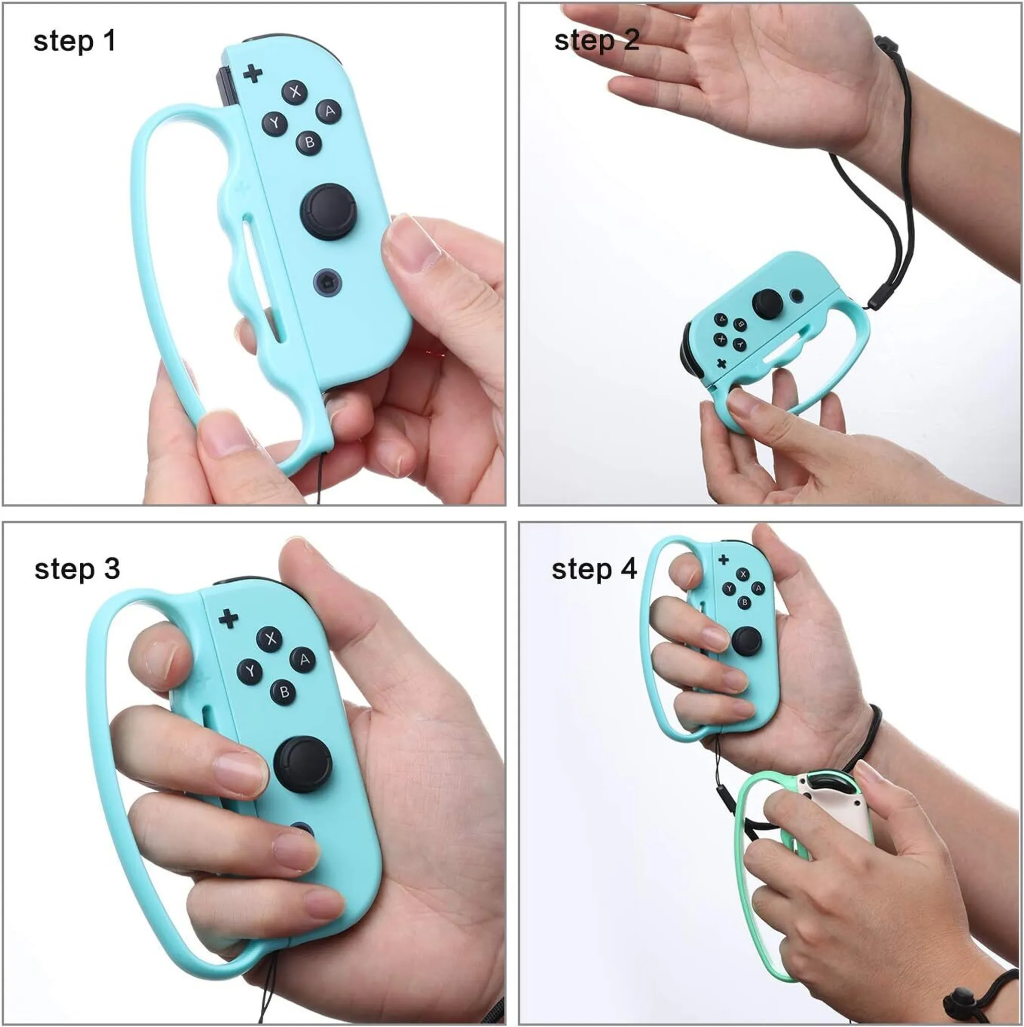 Ein Vier-Schritte-Prozess zum Anbringen der Handgelenkschlaufen an einem Gamecontroller.