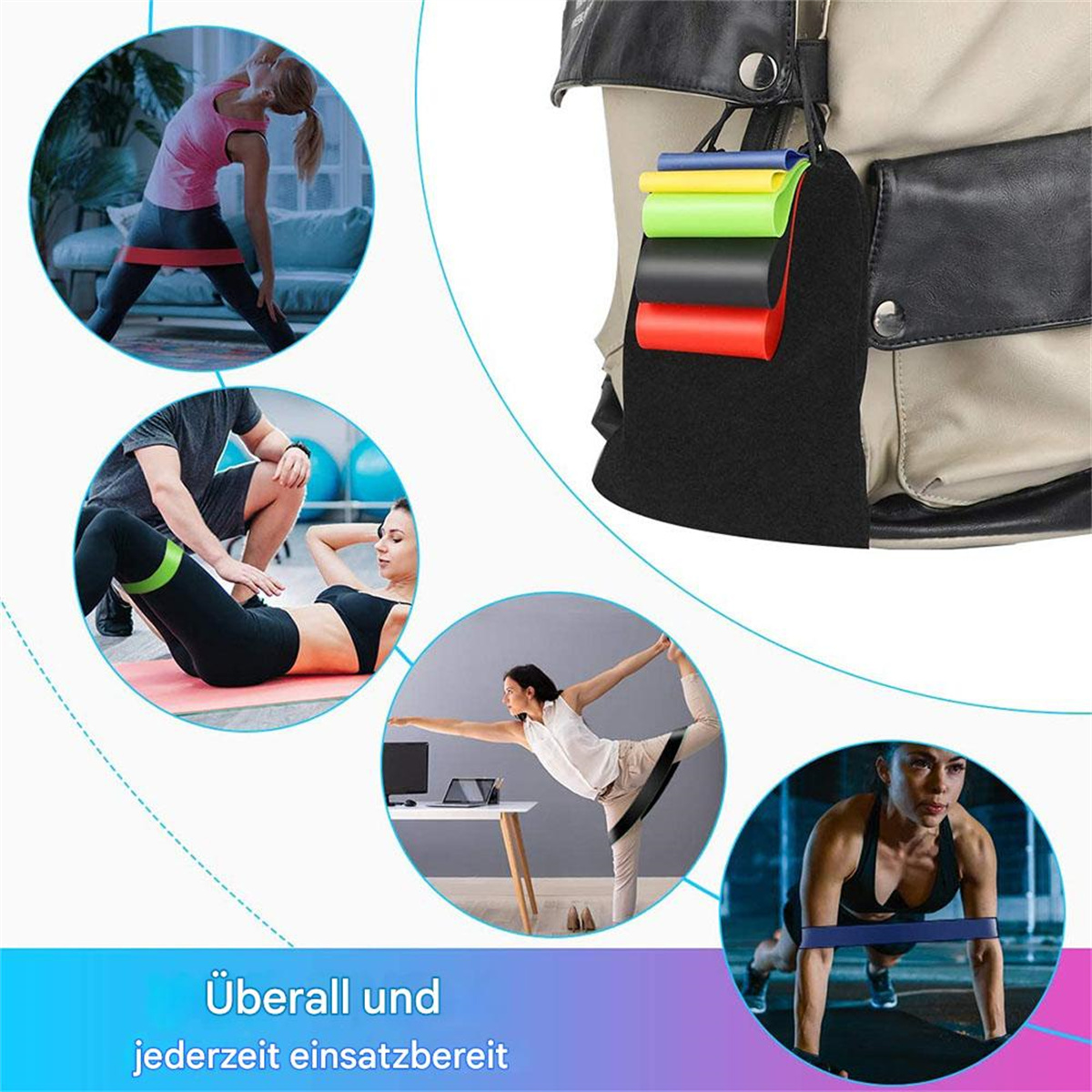 Menschen benutzen Widerstandsbänder bei verschiedenen Übungen. Ein Satz Bänder hängt an einer Tasche.
