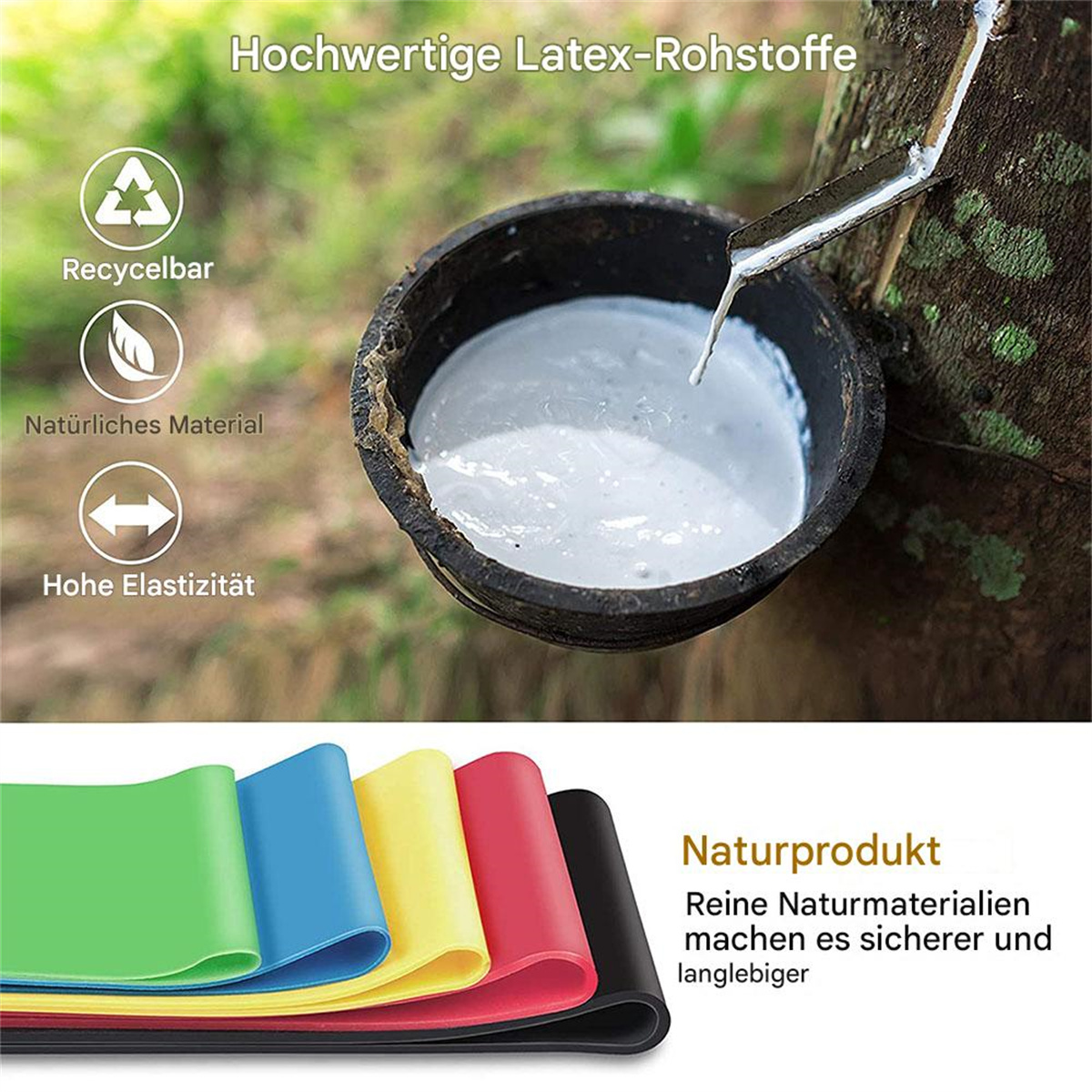 Latex tropft in eine Schüssel, Widerstandsbänder und Text über natürliches Material.