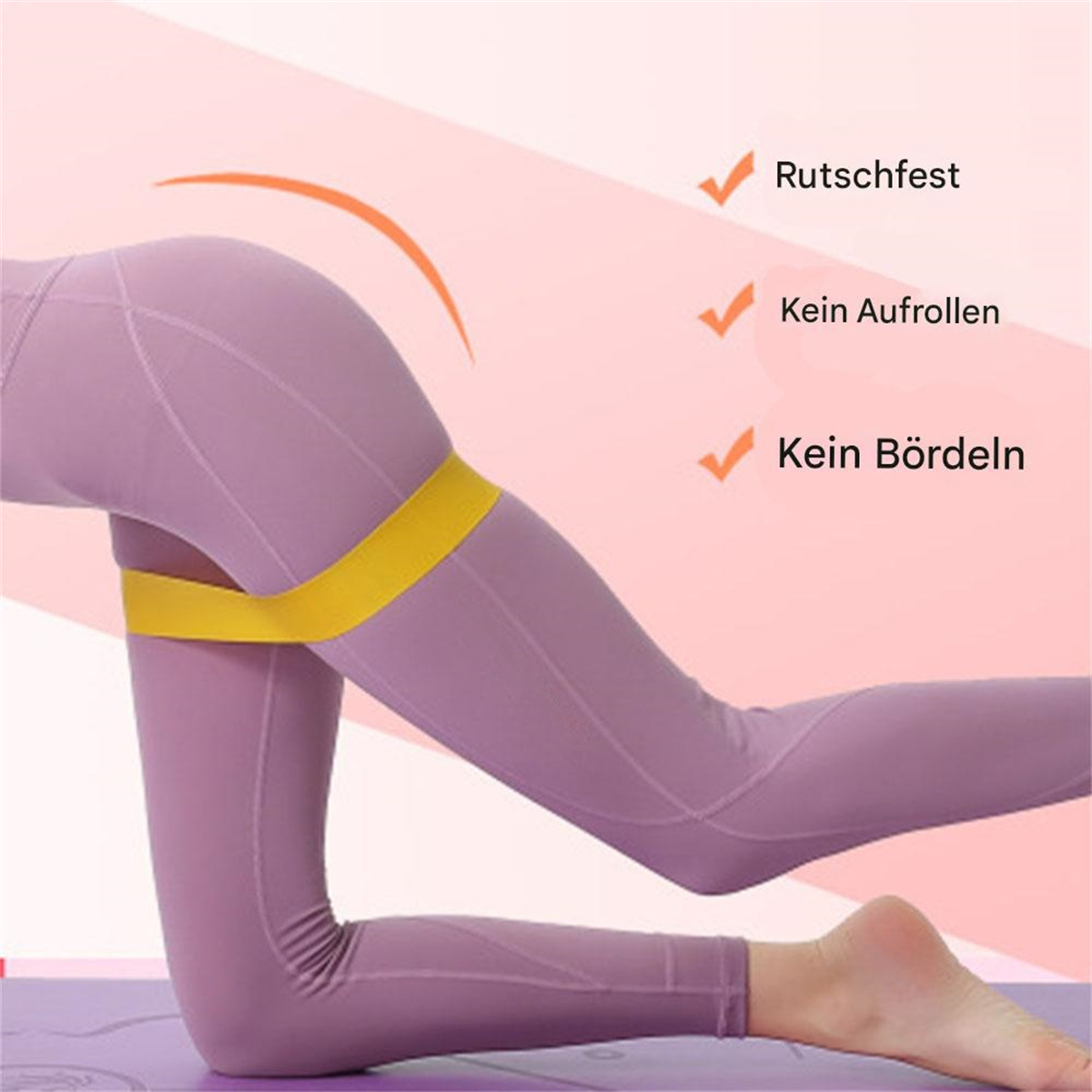 Eine Frau in Leggings verwendet ein Widerstandsband. Text zeigt rutschfest, kein Rollen und kein Bauschen.