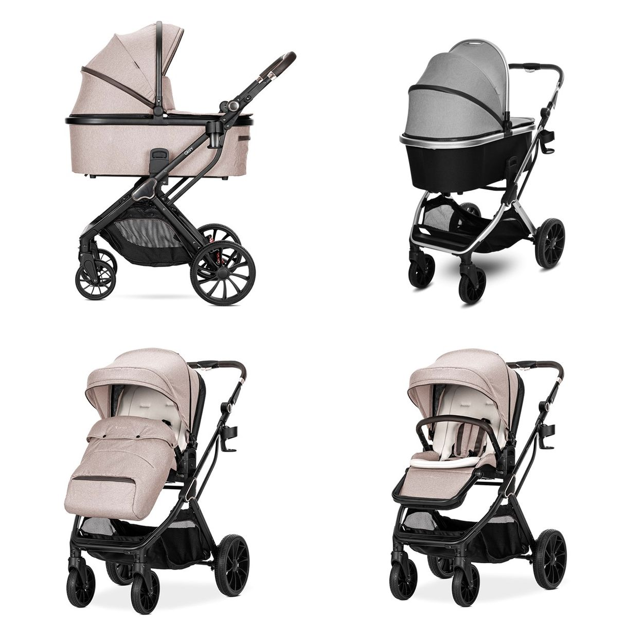 Cuatro vistas de un cochecito beige. Muestra diferentes configuraciones.