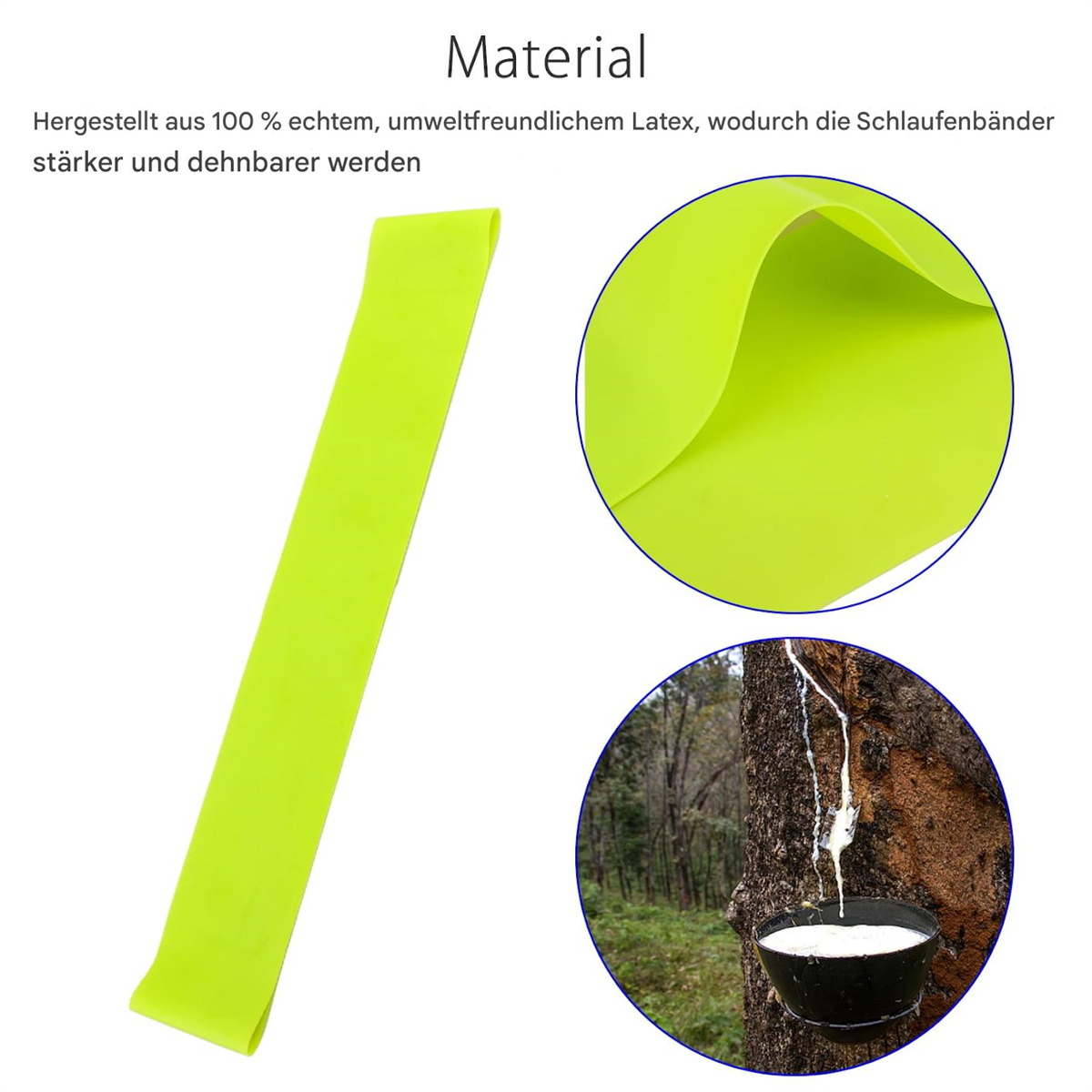 Ein leuchtend grünes Trainingsband und eine Latexprobe mit einem Baum und einer Schüssel mit Latex im Hintergrund.