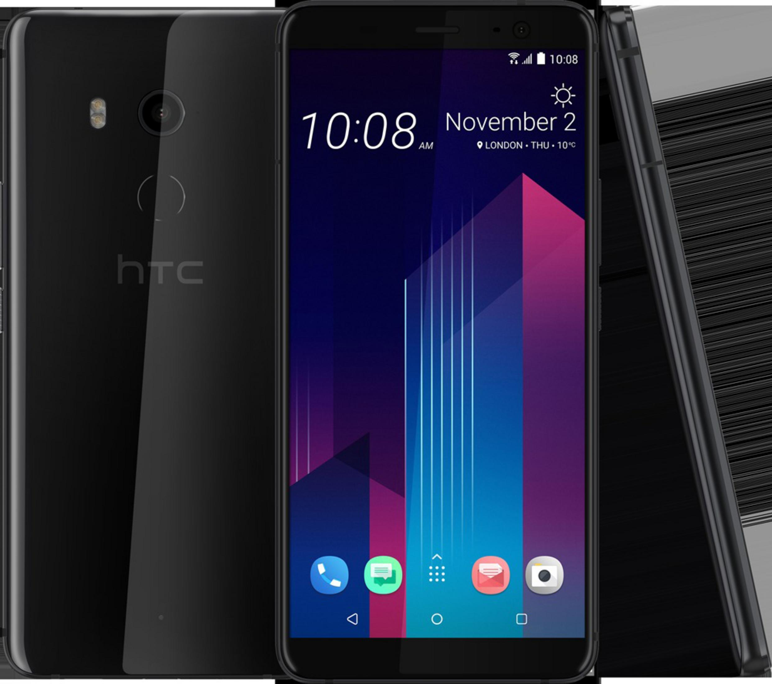 Mehrere schwarze HTC-Telefone. Eines zeigt einen Bildschirm mit Uhrzeit und Benutzeroberfläche.