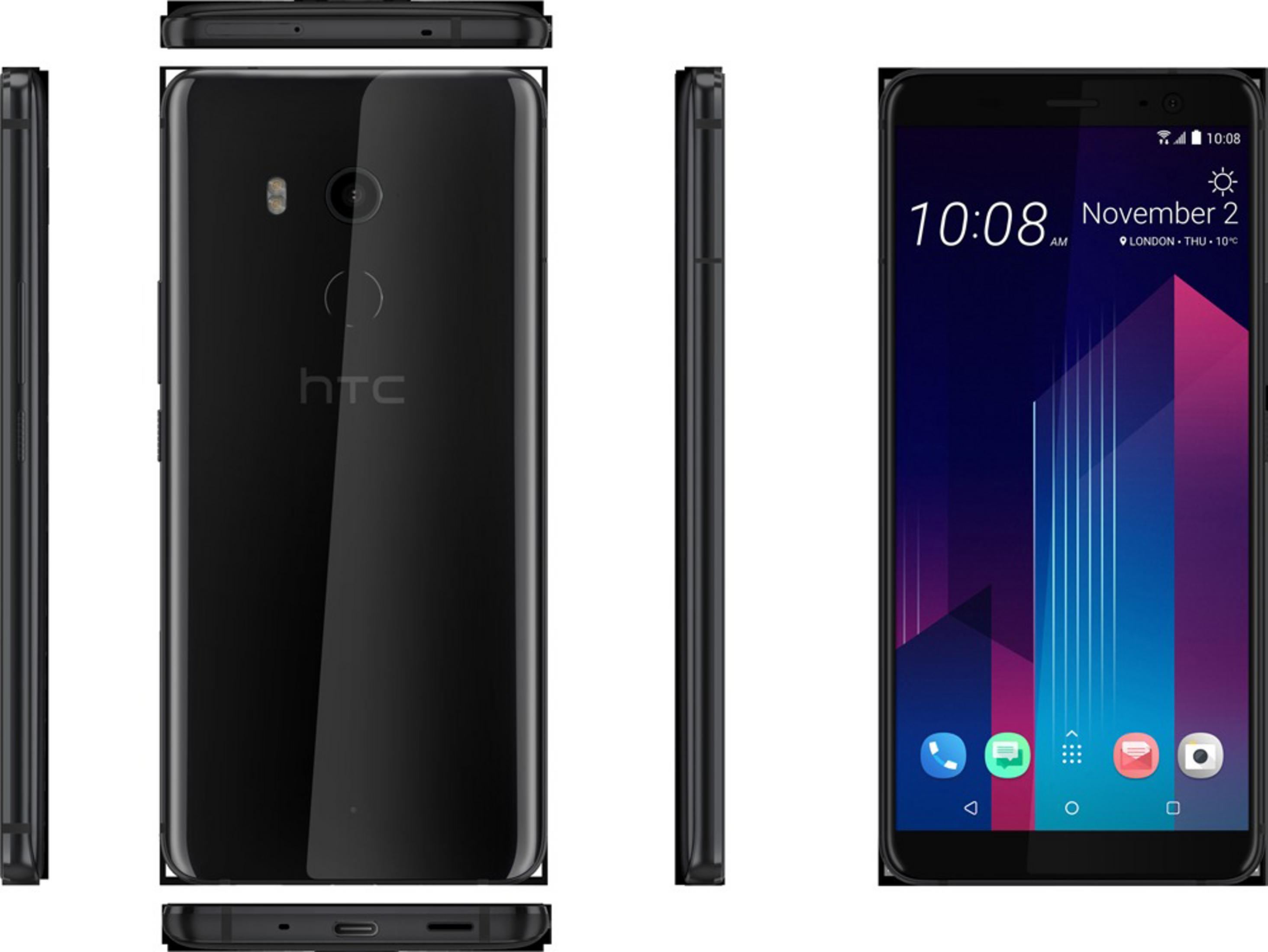 Mehrere Ansichten eines schwarzen HTC-Telefons. Vorder-, Rück- und Seitenansichten werden gezeigt, mit eingeschaltetem Bildschirm.
