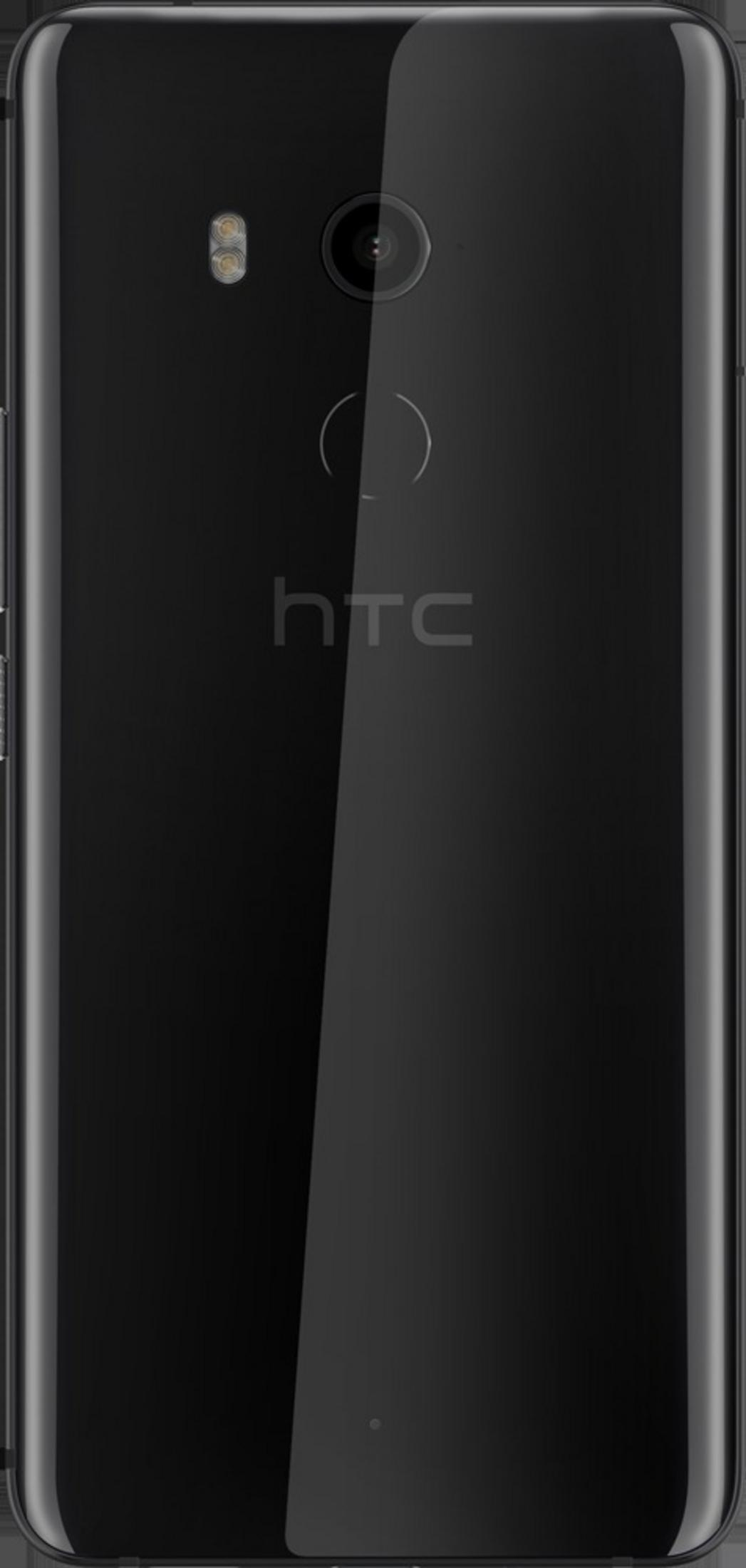 Schwarze HTC-Telefonrückseite. Kamera, Blitz und Logo sind sichtbar. Schlankes Design.