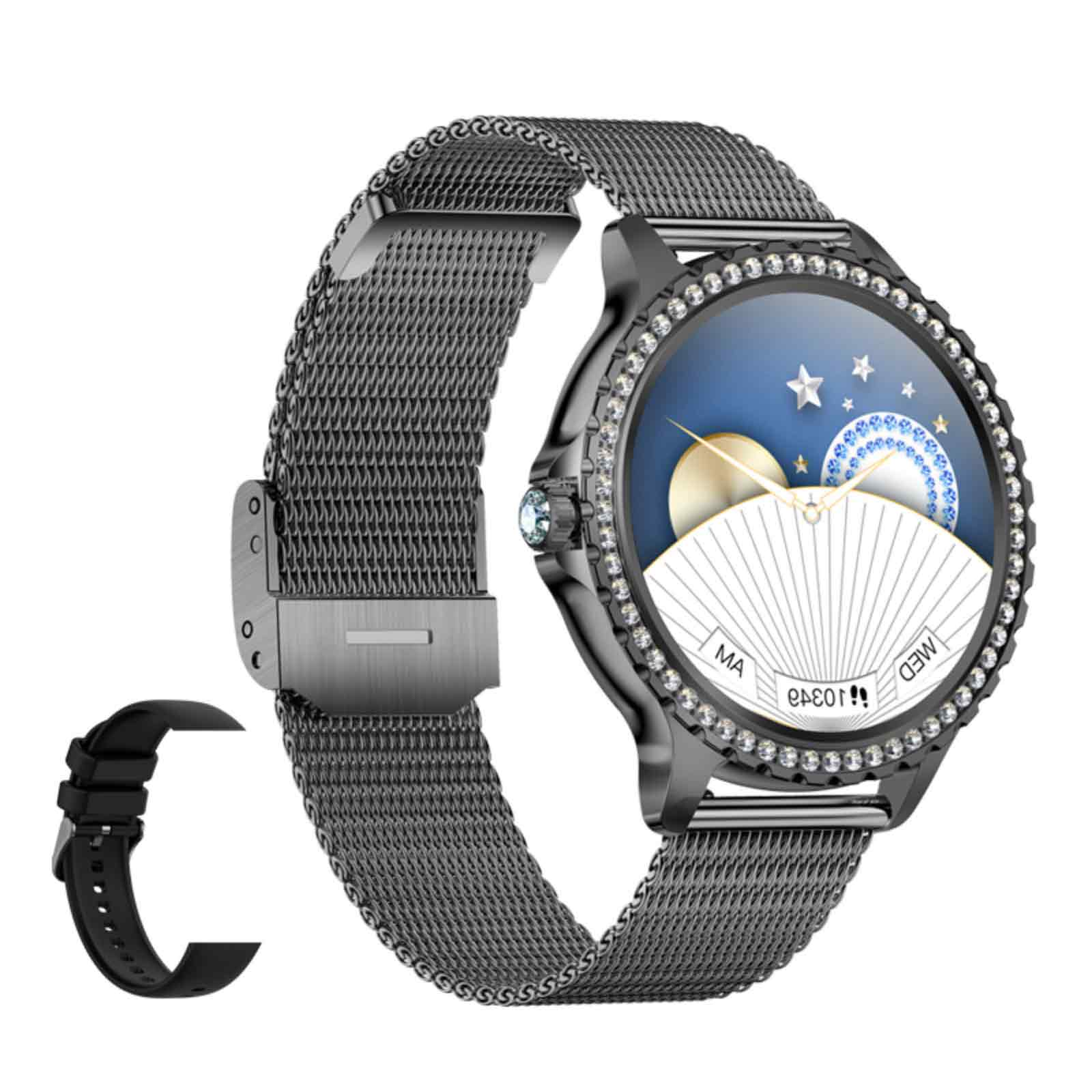 Schwarze Smartwatch mit Mesh-Armband und zusätzlichem Band. Das Zifferblatt hat ein Himmelsdesign.