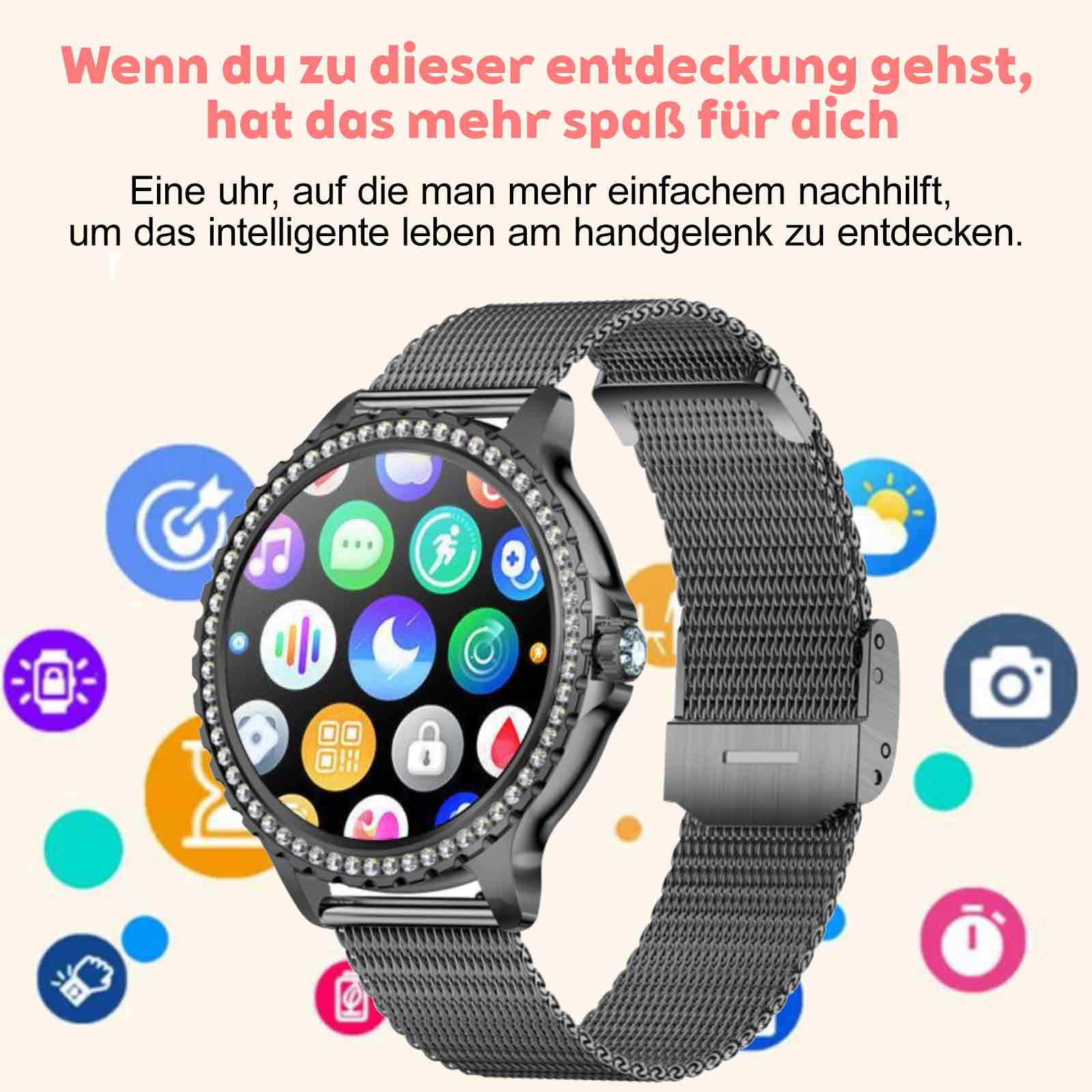 Smartwatch mit schwarzem Gehäuse und Mesh-Armband mit verschiedenen App-Symbolen auf dem Zifferblatt.