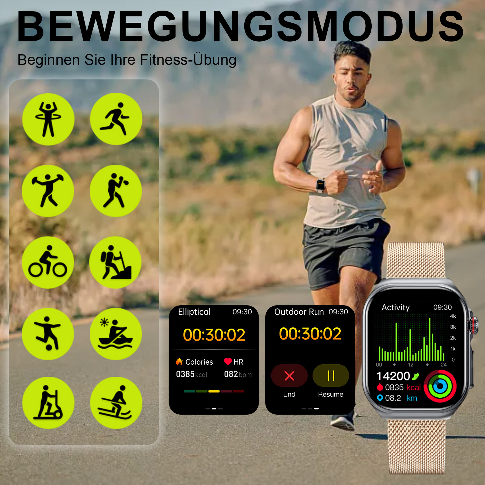 Mann rennt mit Smartwatch und Diagrammen. Fitness-Modi und Daten werden angezeigt.