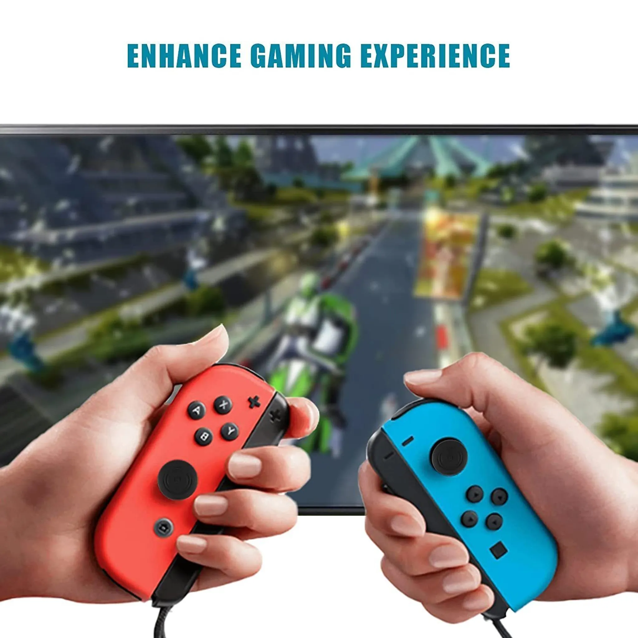 Hände halten rote und blaue Joy-Con-Controller, Spielen auf einem Fernsehbildschirm im Hintergrund.