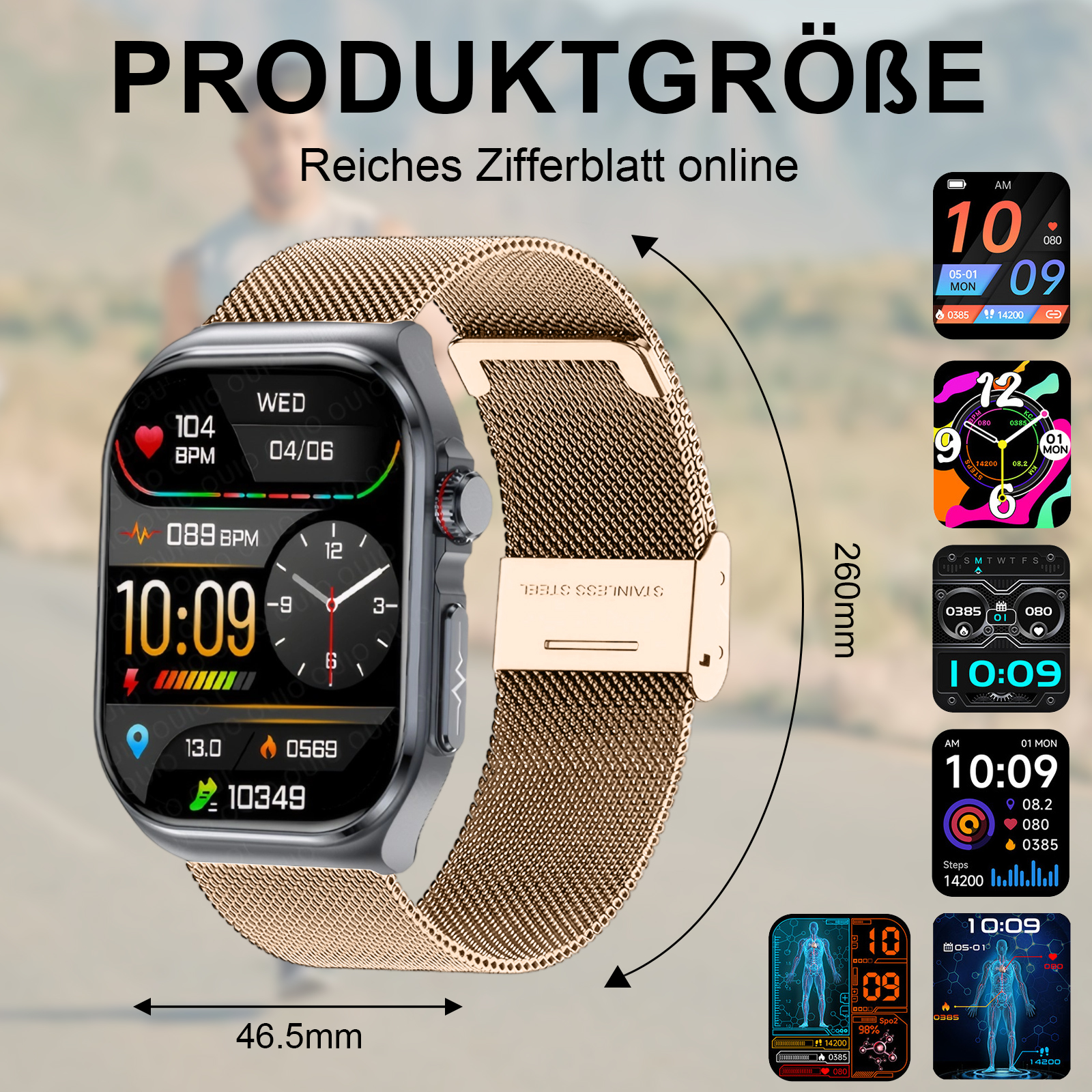 Smartwatch mit goldenem Mesh-Armband, das Zeit, Gesundheitsdaten und verschiedene App-Symbole auf dem Bildschirm anzeigt.