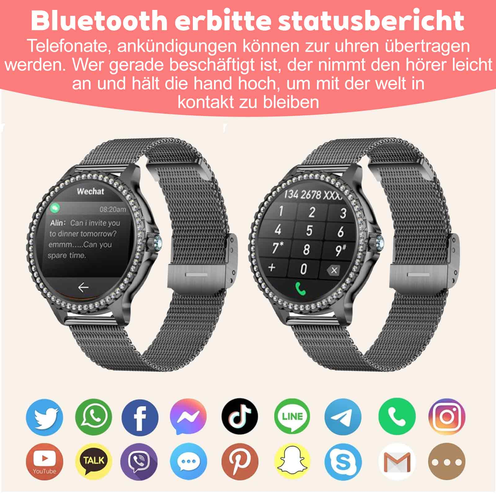 Zwei Smartwatches, eine mit Telefonwählprogramm und Wechat-Nachrichten, umgeben von Symbolen.