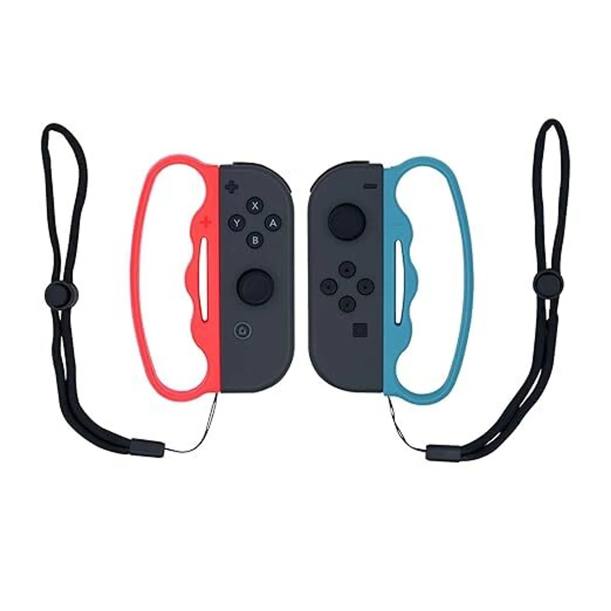 Zwei Joy-Con-Controller für eine Spielkonsole, einer rot und einer blau, mit schwarzen Handgelenkschlaufen.