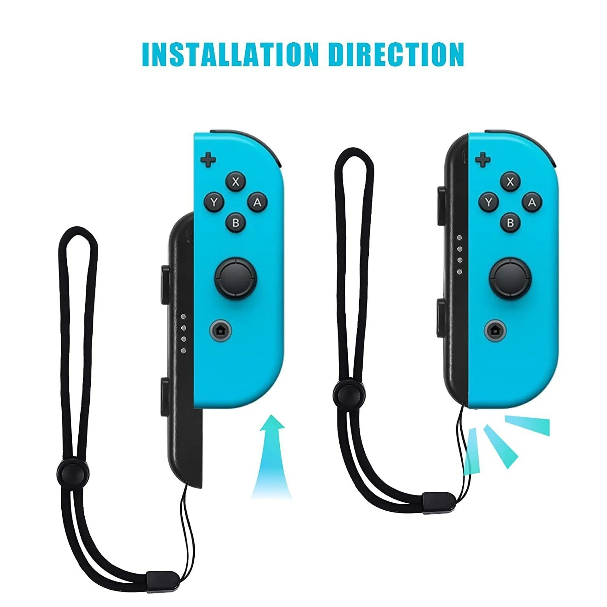 Zwei blaue Joy-Con-Controller, die die Installationsrichtung zeigen, mit angebrachten schwarzen Handgelenkschlaufen.