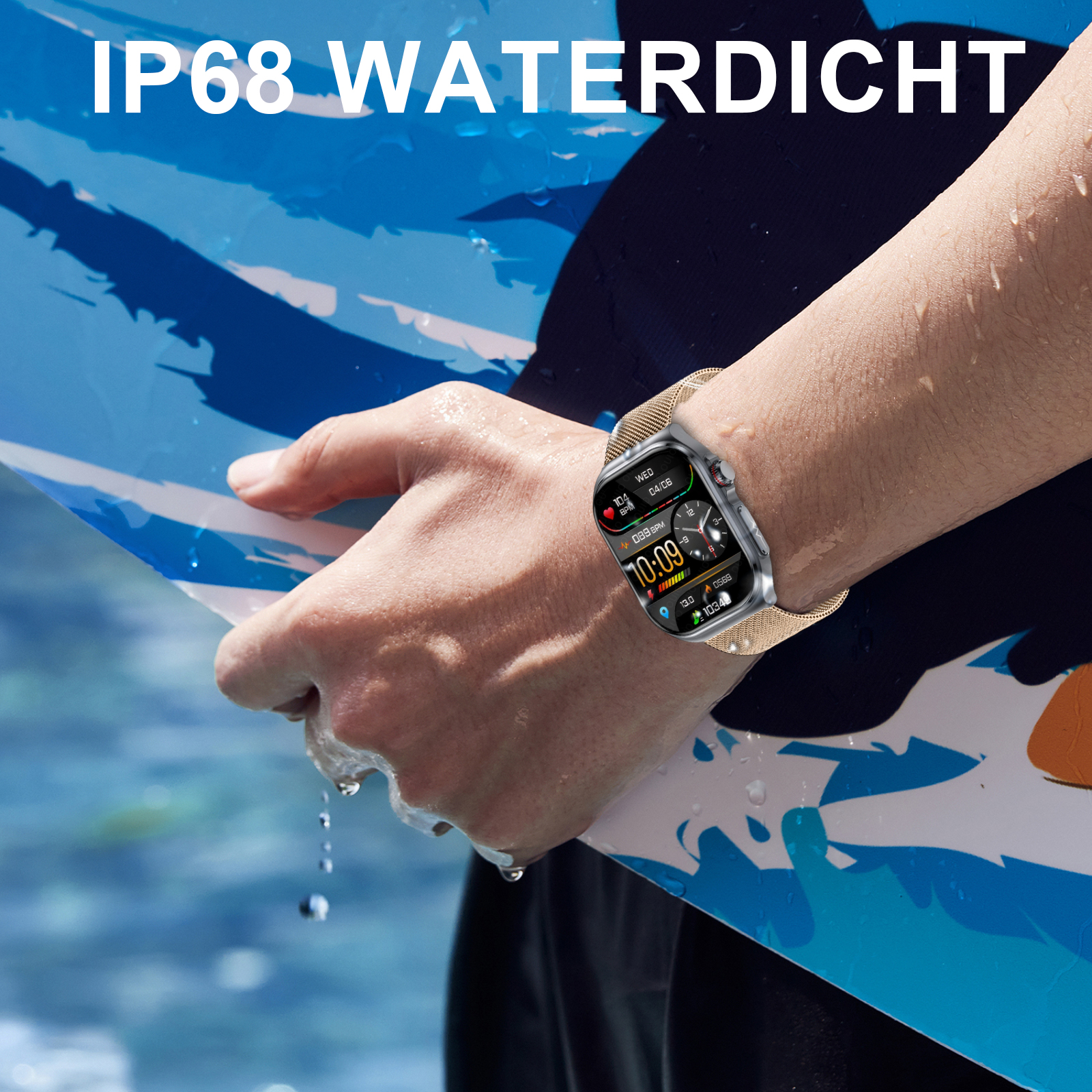 Eine Person, die eine Smartwatch mit goldenem Mesh-Armband trägt, auf einem blau-weißen Surfbrett.