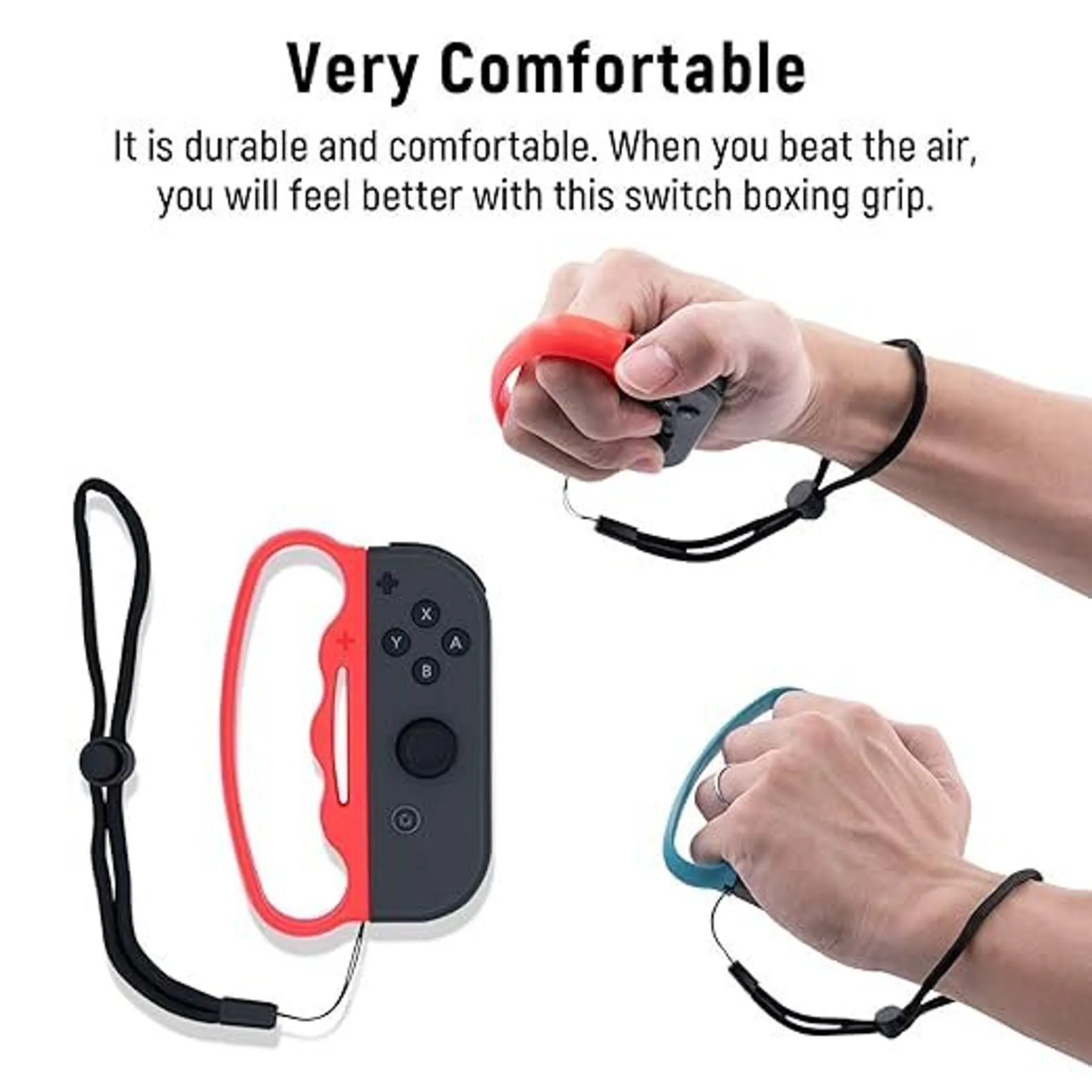 Hände, die rote und blaue Joy-Con-Controller halten, die an schwarzen Griffen mit Handgelenkschlaufen befestigt sind.