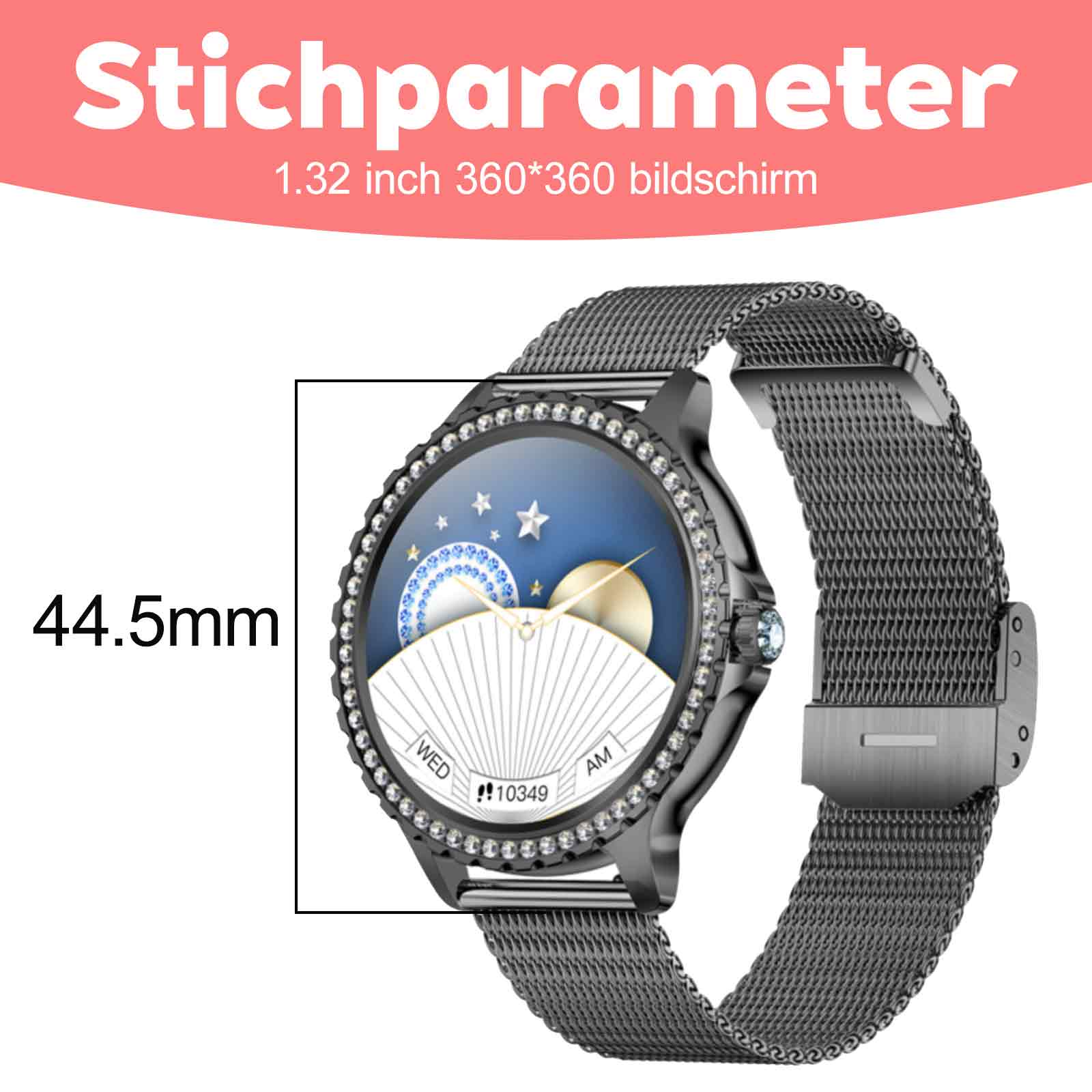 Nahaufnahme einer Smartwatch, die Zeit und Daten anzeigt, mit Text zur Displaygröße.