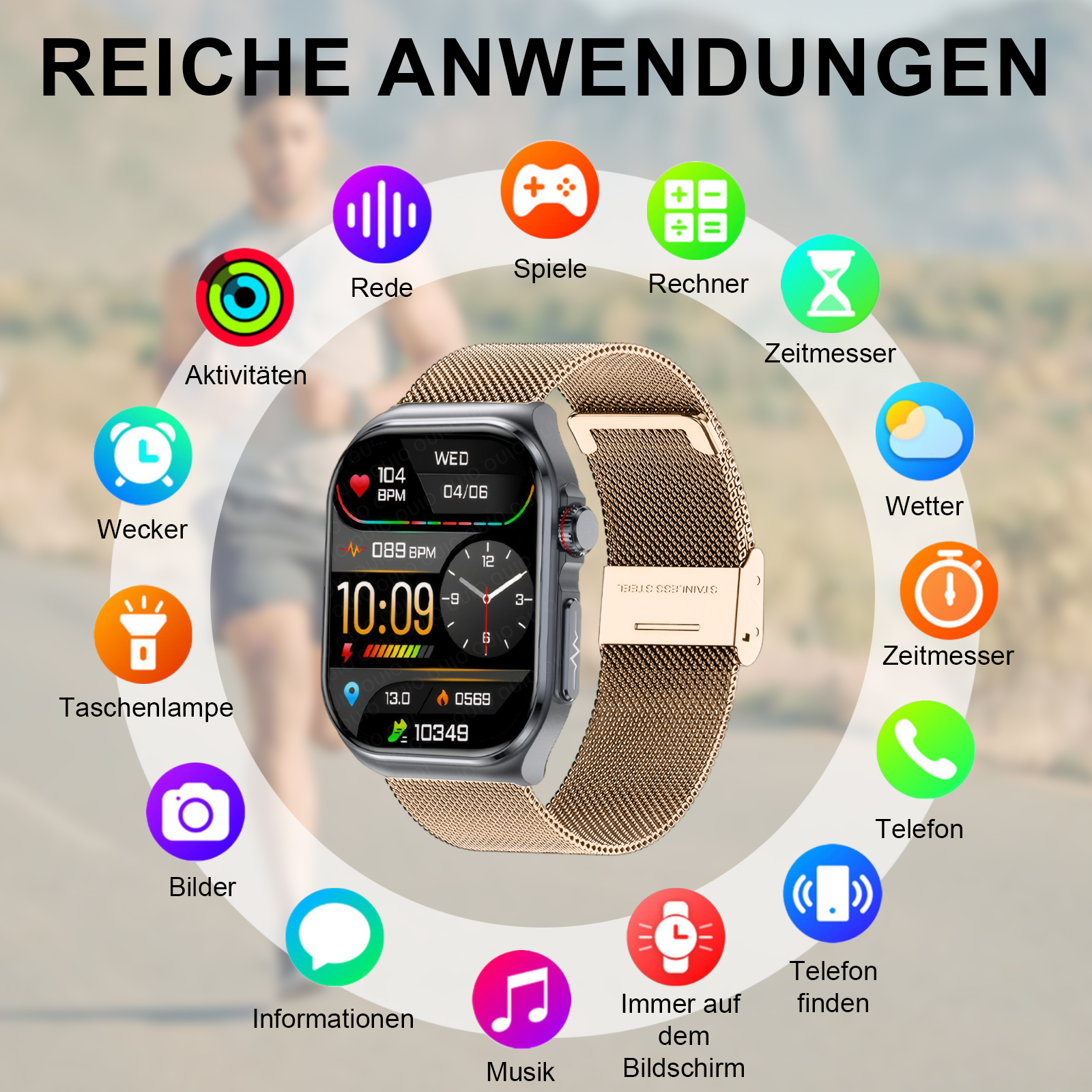 Smartwatch mit goldenem Mesh-Armband mit verschiedenen App-Symbolen um die Uhr herum.