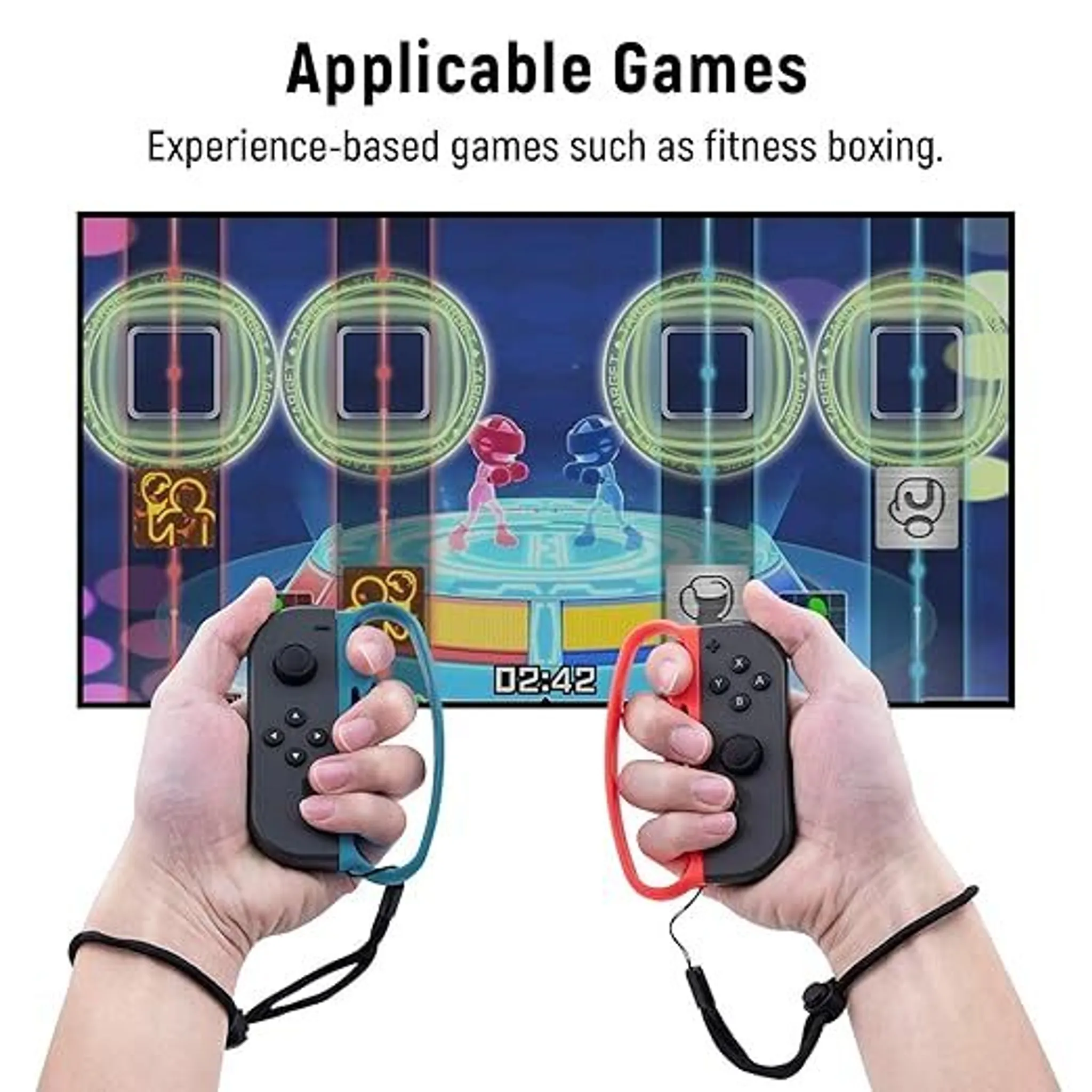 Zwei Hände halten Gaming-Controller und spielen ein Boxspiel auf einem Bildschirm.