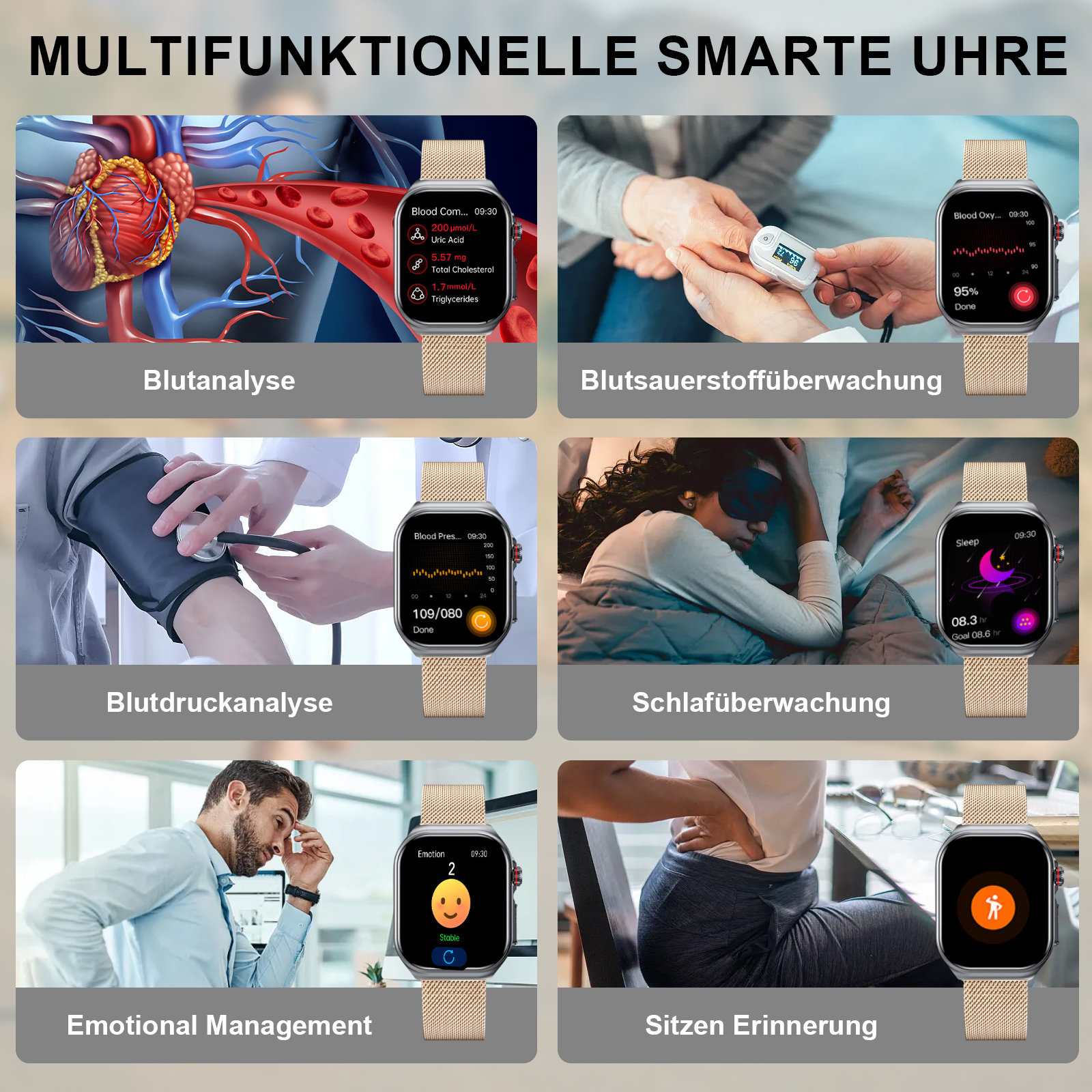 Collage von Smartwatch-Funktionen: Blutanalyse, Blutsauerstoff, Blutdruck, Schlaf, emotionale und Sitzerinnerung.