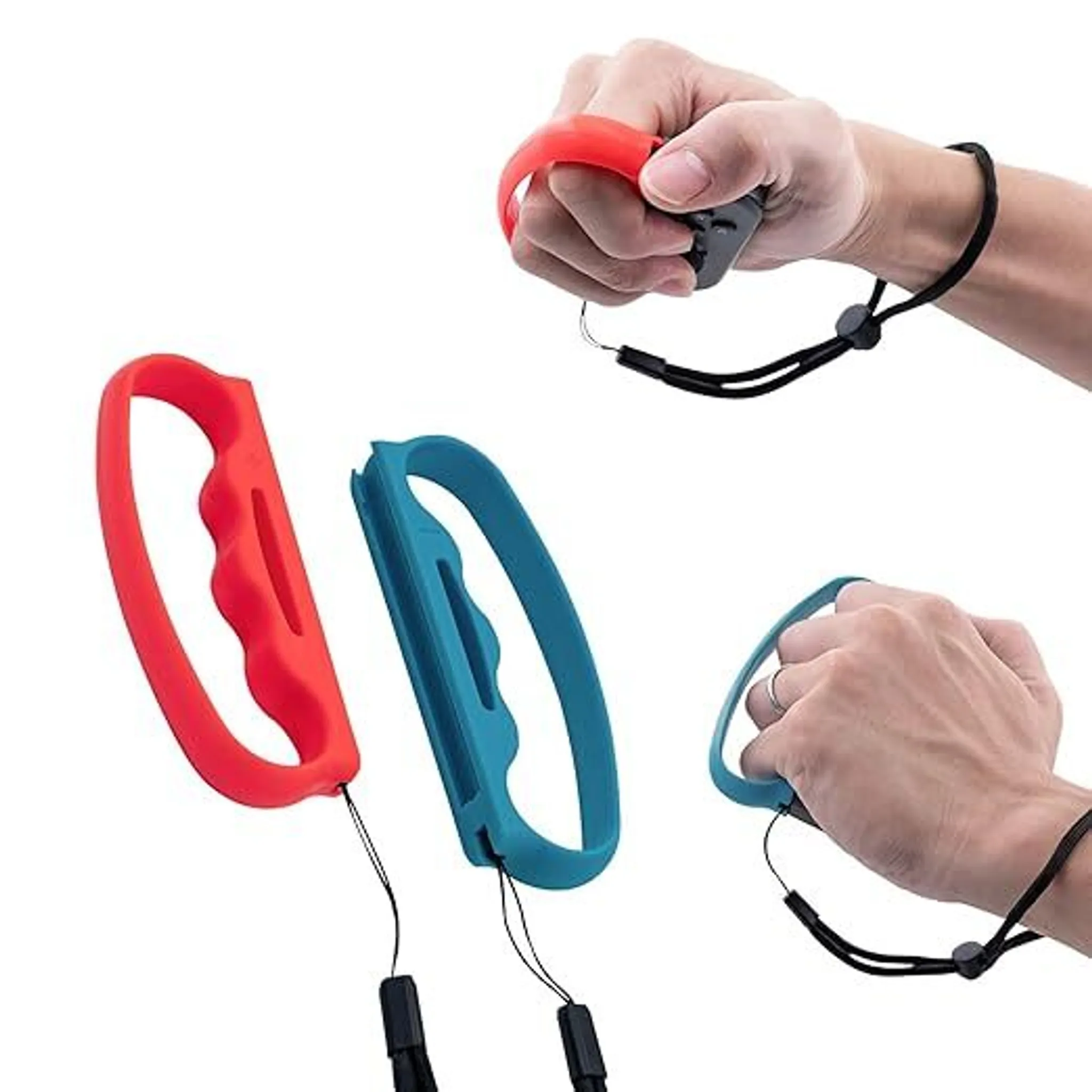 Hände halten Spielcontroller in Rot und Blau. Die Controller sind für Spiele.