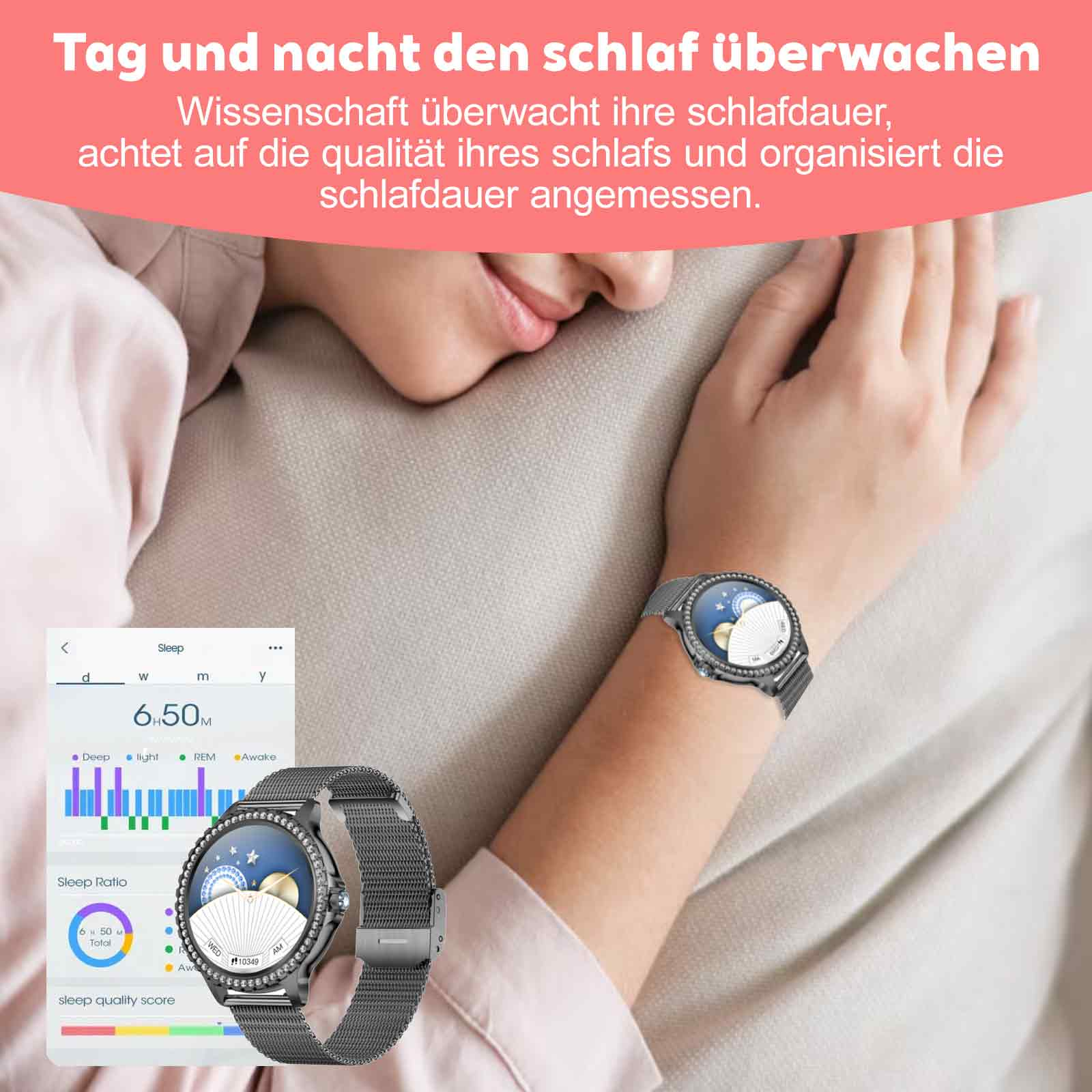 Eine Frau trägt eine Uhr. Eine andere Uhr zeigt die Schlafdaten. Die Frau stützt ihren Kopf auf ihre Hände.