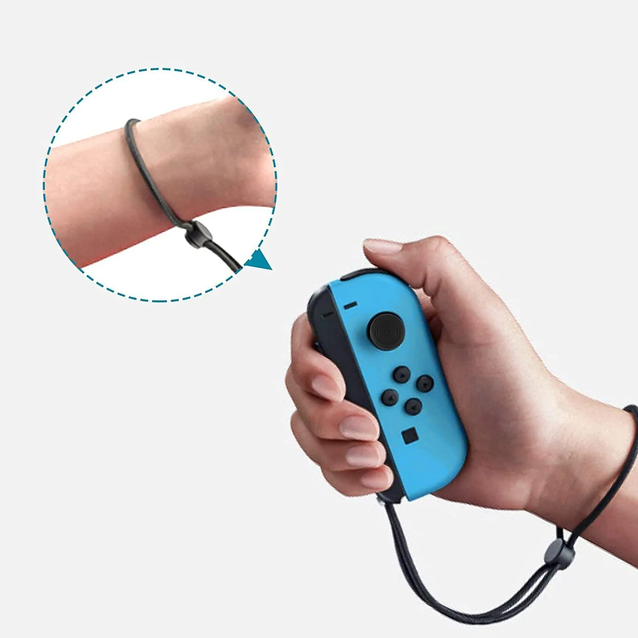 Hand hält blauen Gamecontroller. Handgelenkschlaufe befestigt.