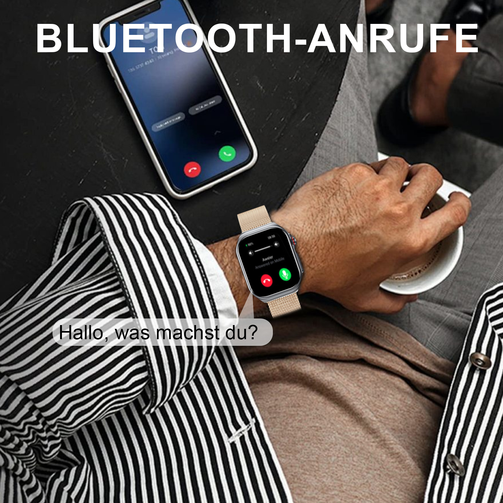 Ein Mann sitzt und trägt eine Smartwatch. Ein Telefon auf dem Tisch zeigt eine Anrufoberfläche.