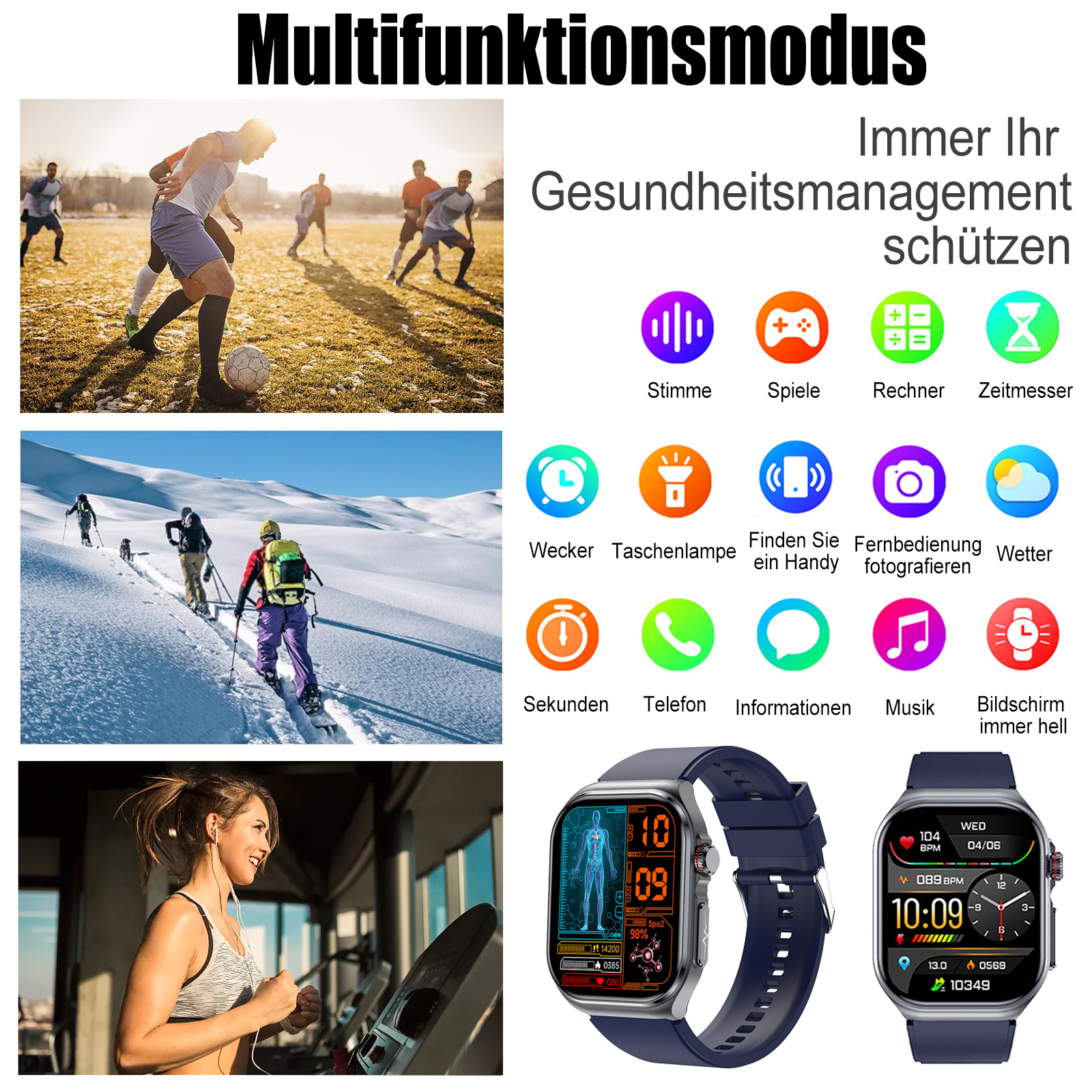 Mehrere Bilder zeigen Fußball, Wandern und Smartwatch-Nutzung.