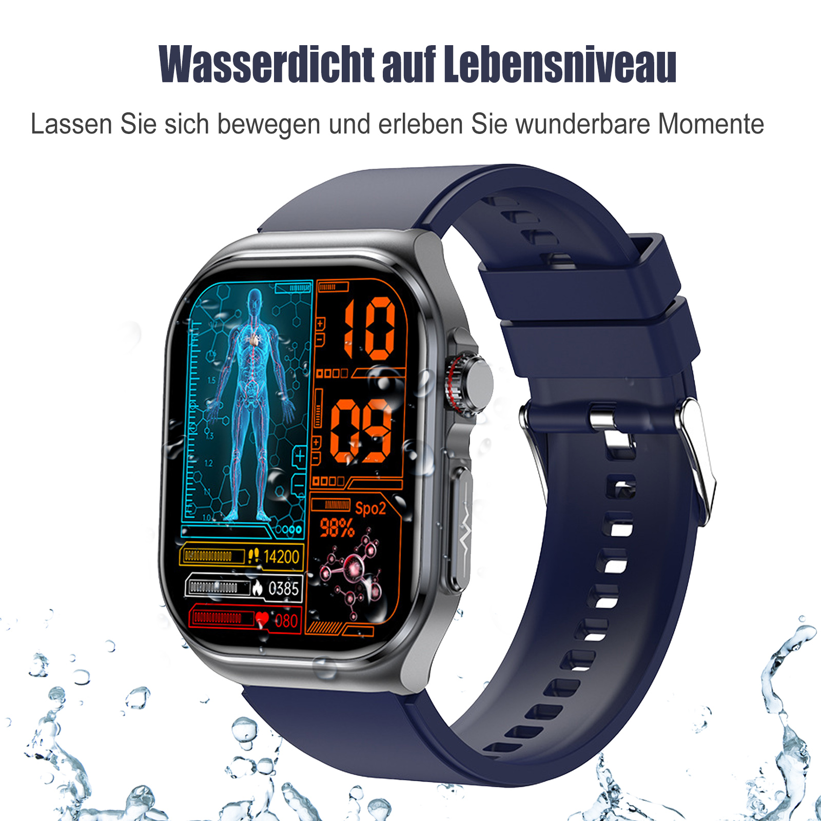 Smartwatch zeigt Körperanalyse, Wassertropfen sichtbar. Blaues Armband.