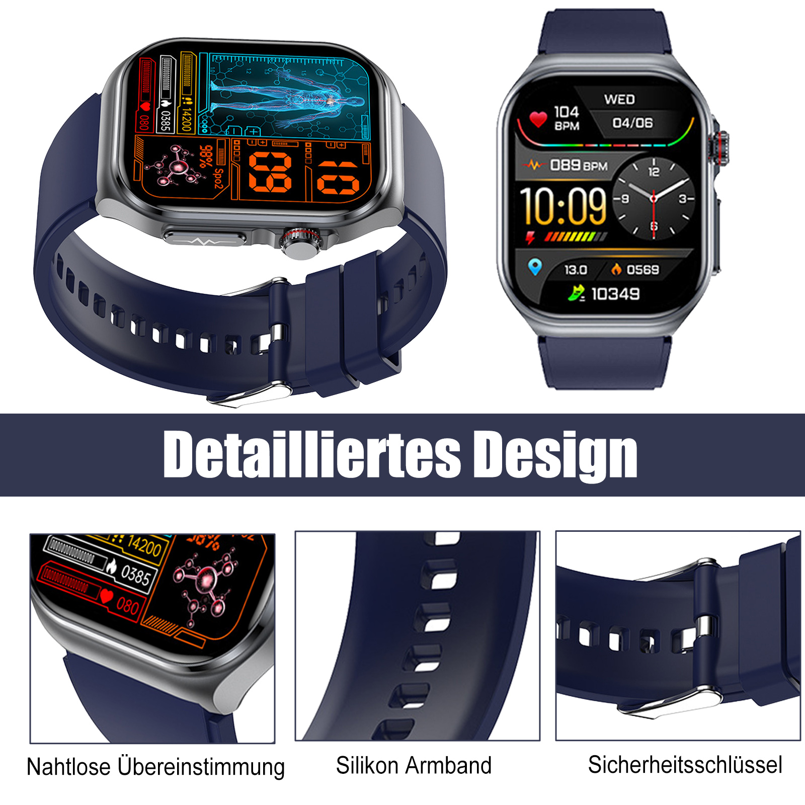Smartwatch mit Details: Gehäuse, Armband und Oberfläche. Es zeigt Gesundheitsdaten.