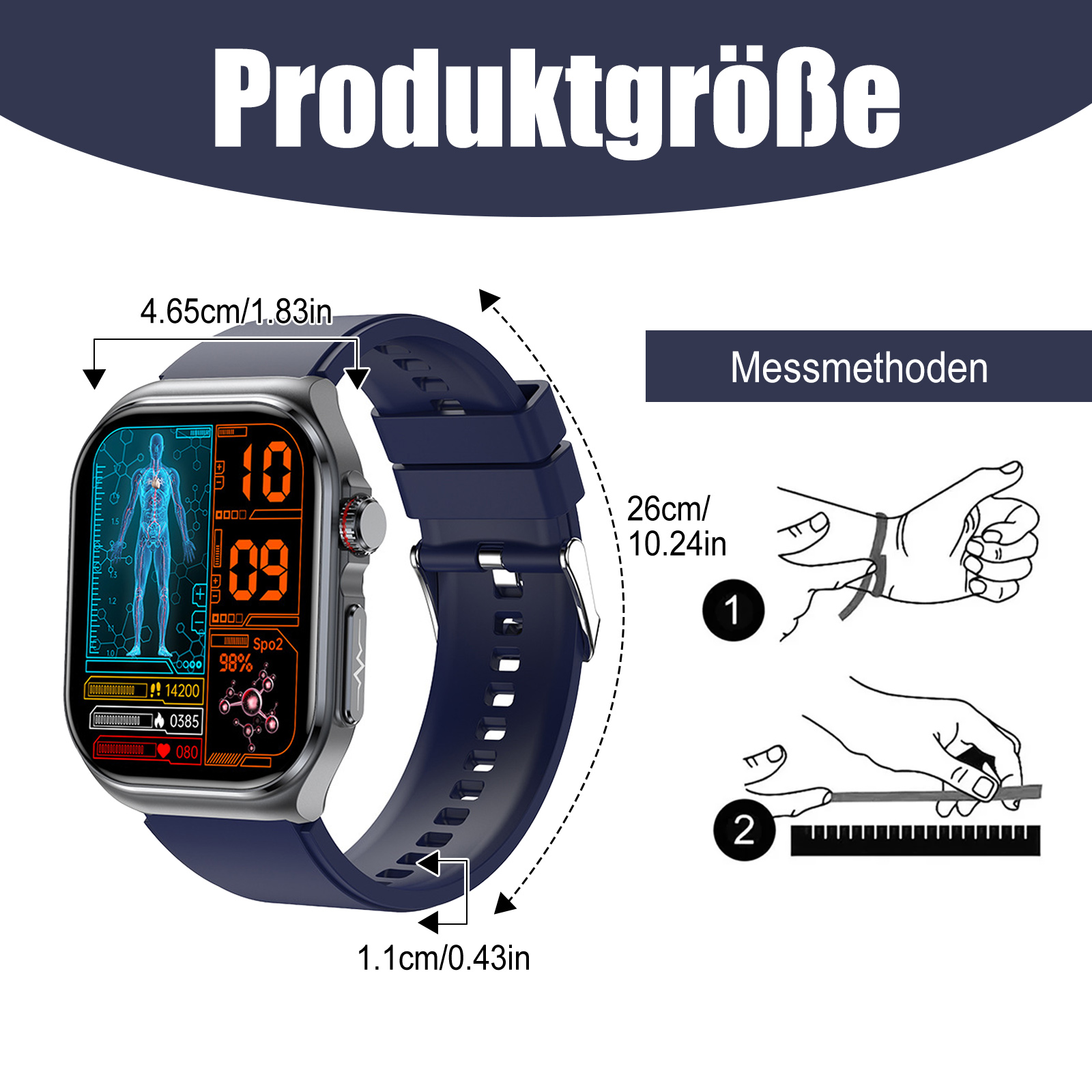 Smartwatch mit Körperanalyse, Messmethoden. Blaues Armband.