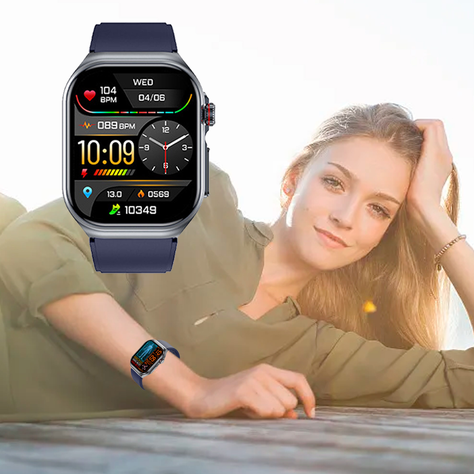 Eine Frau, die eine Smartwatch trägt, liegt. Die Uhr zeigt Gesundheitsdaten.