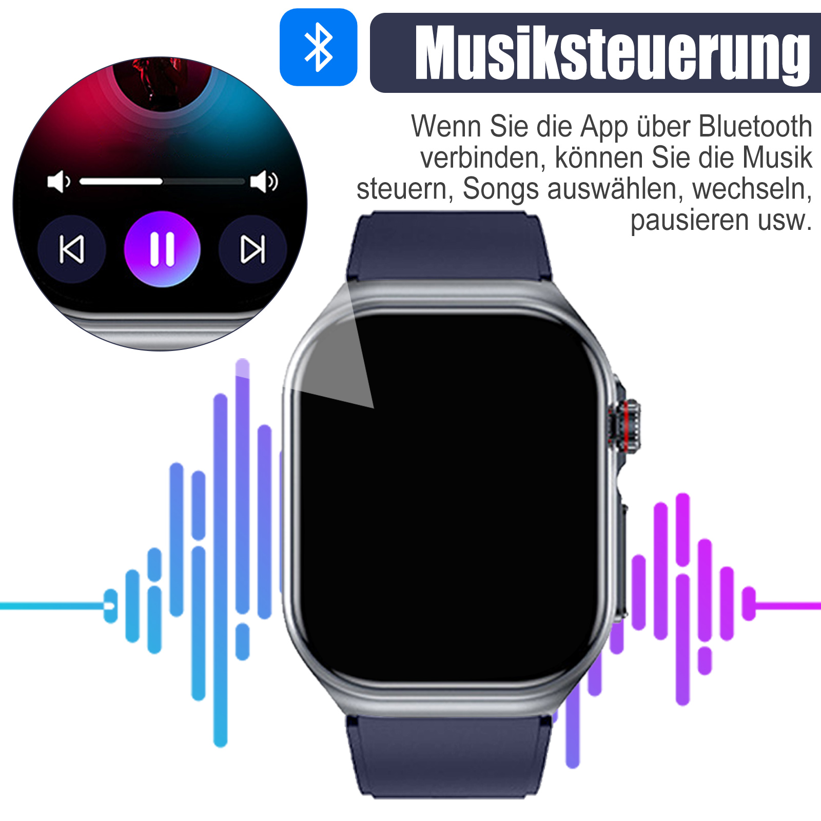 Smartwatch-Oberfläche, die Musiksteuerung zeigt. Die Uhr befindet sich auf schwarzem Hintergrund.
