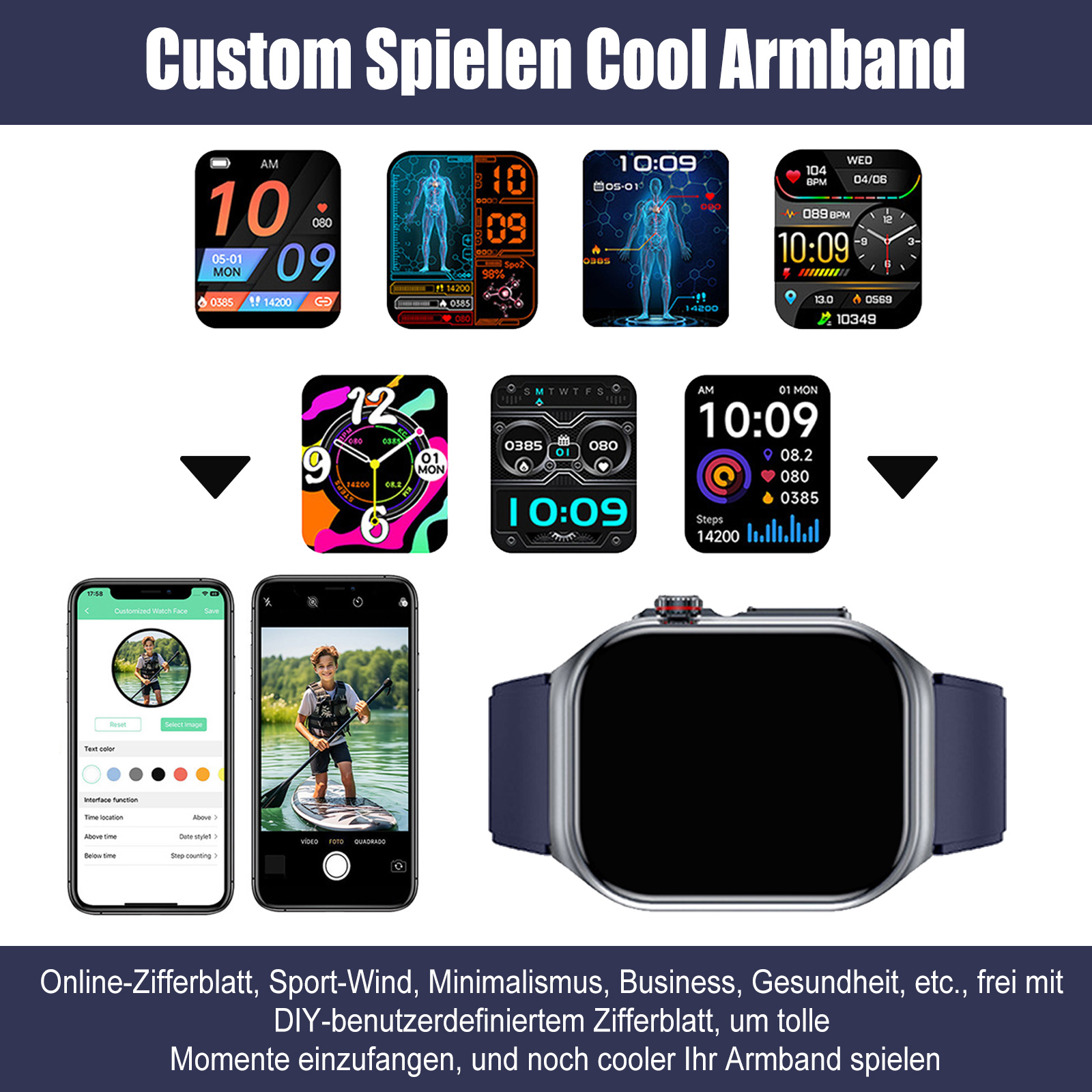 Smartwatch-Bildschirme mit anpassbaren Designs. Telefon mit App.