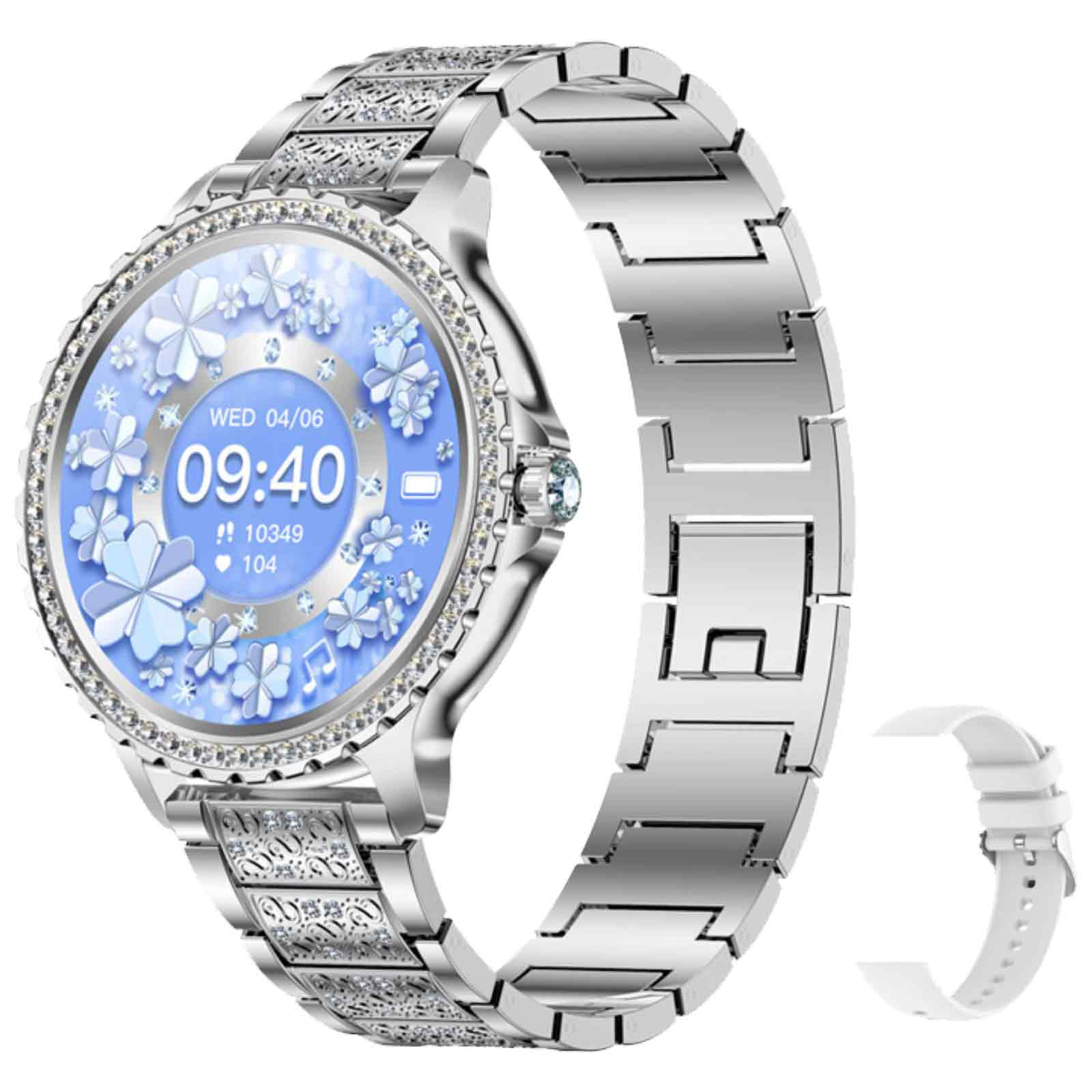 Silberne Smartwatch mit Blumendesign auf dem Bildschirm, weißes Armband.