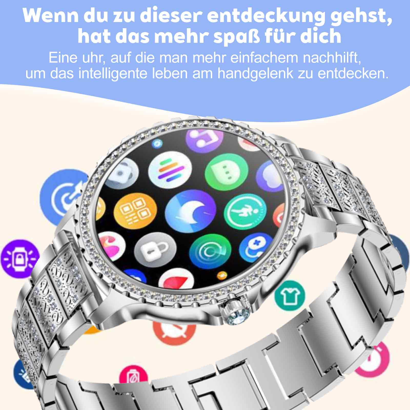Eine Smartwatch mit App-Symbolen auf dem Bildschirm wird angezeigt.
