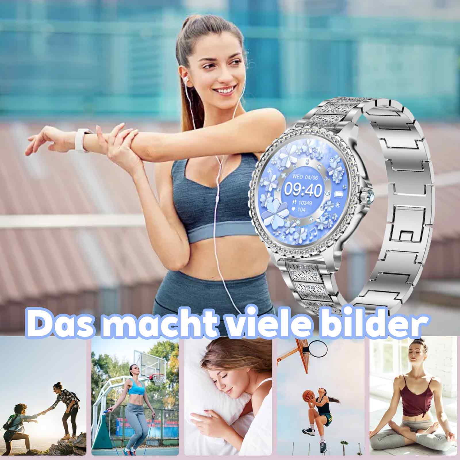Frau dehnt sich, Smartwatch sichtbar. Hintergrund zeigt Sportarten.