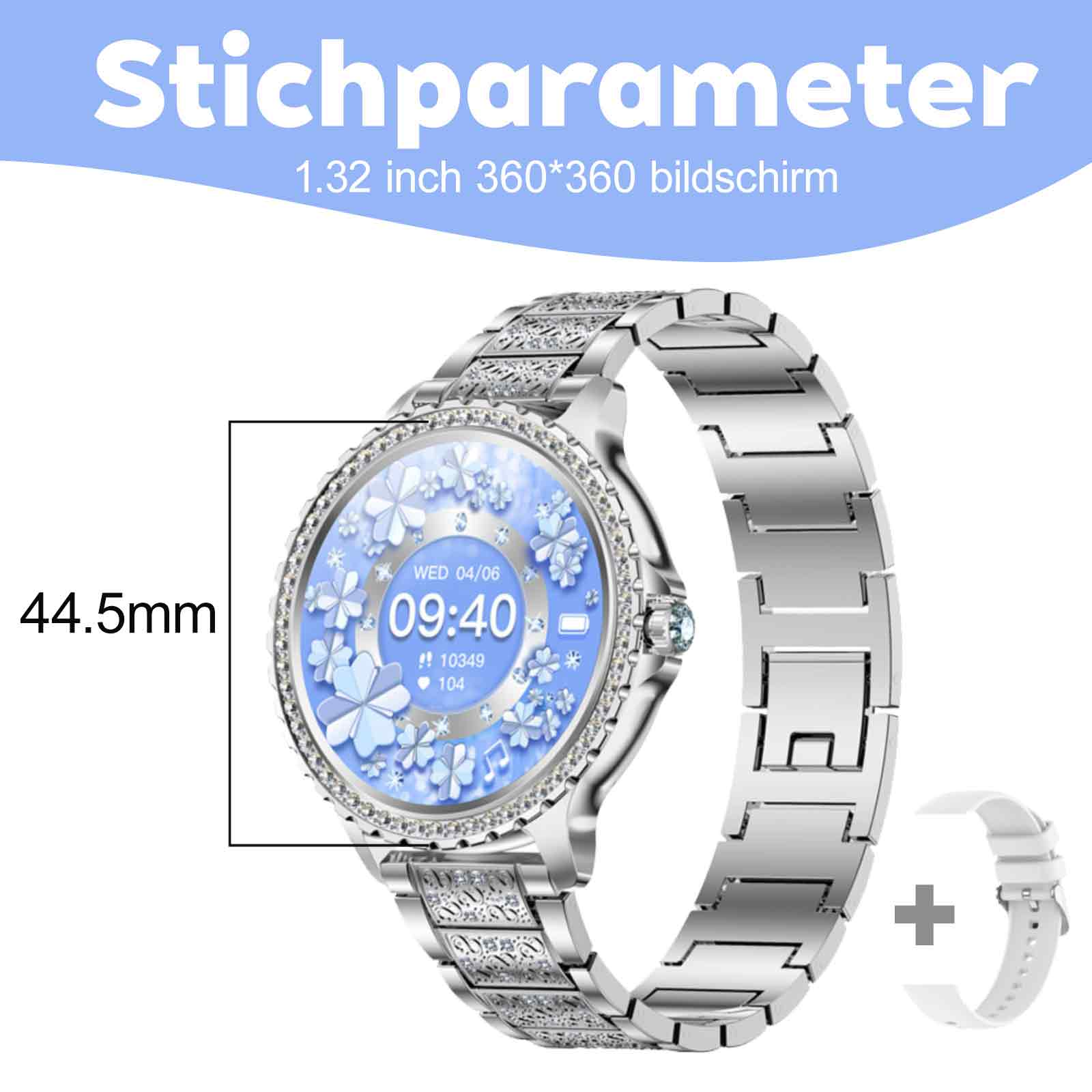 Eine Smartwatch mit blauem Bildschirm, der Datum und Uhrzeit anzeigt, wird angezeigt.