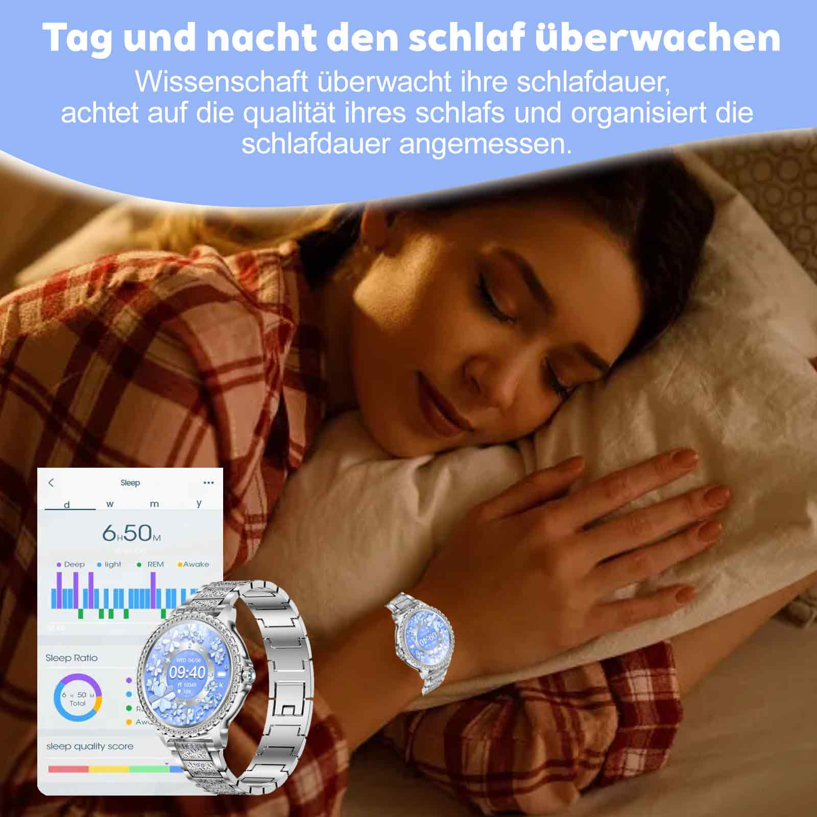 Schlafende Frau mit Smartwatch. Text über Schlafüberwachung und Schlafqualität.