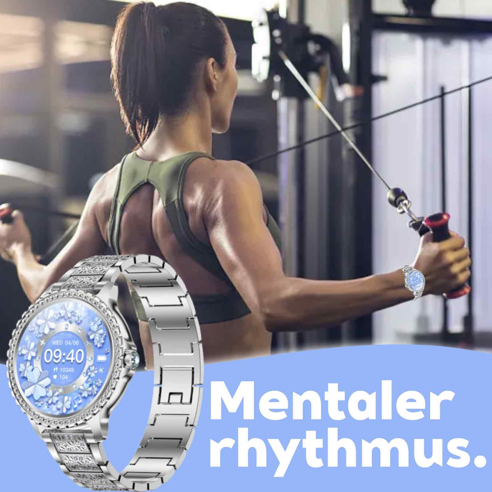 Frau im Fitnessstudio, Smartwatch sichtbar. Text: Mentaler Rhythmus. Übungen.