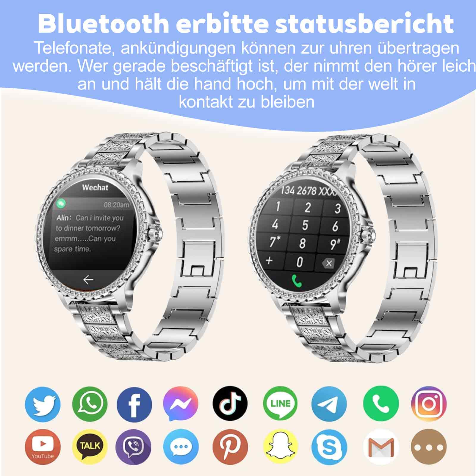 Zwei Smartwatches mit unterschiedlichen Bildschirmen und Social-Media-Symbolen unten.